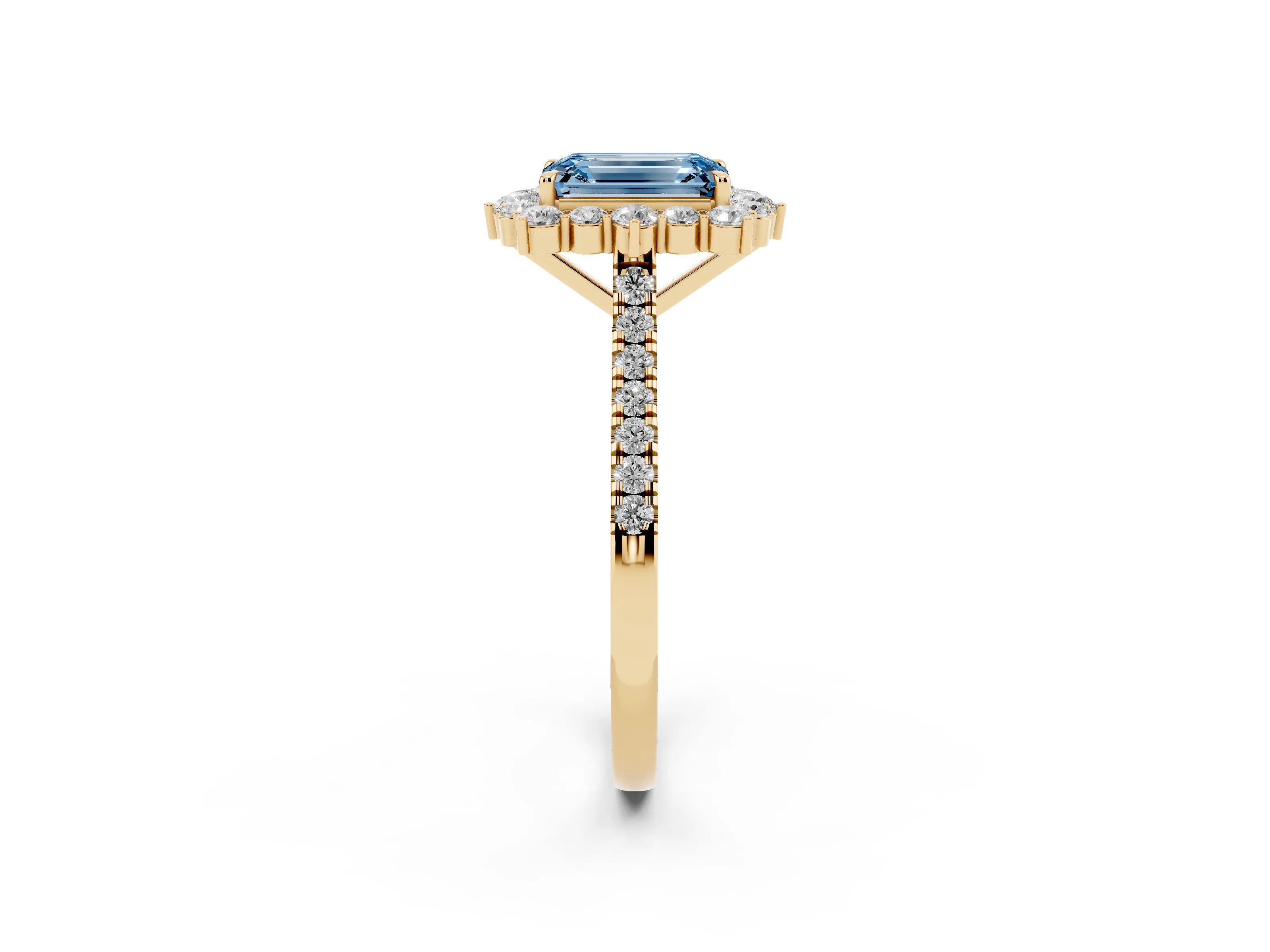 Fancy Blue Emerald Cut Diamond Halo Ring Set in Yellow gold with Pavé Band and Prong Setting
