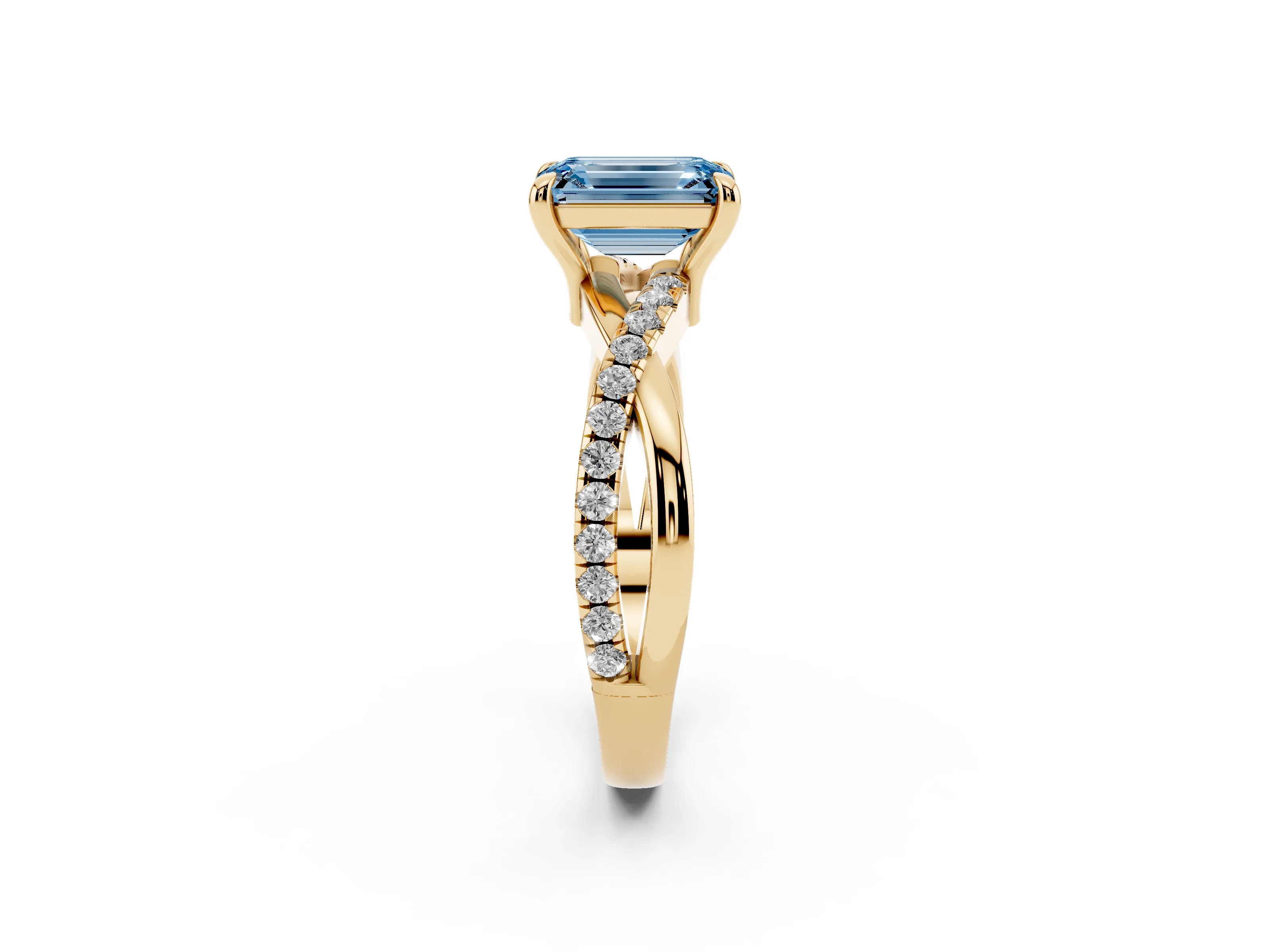 Fancy Blue Emerald Cut Diamond Twist Band Pavé Solitaire Ring Set in Yellow gold with Prong Setting