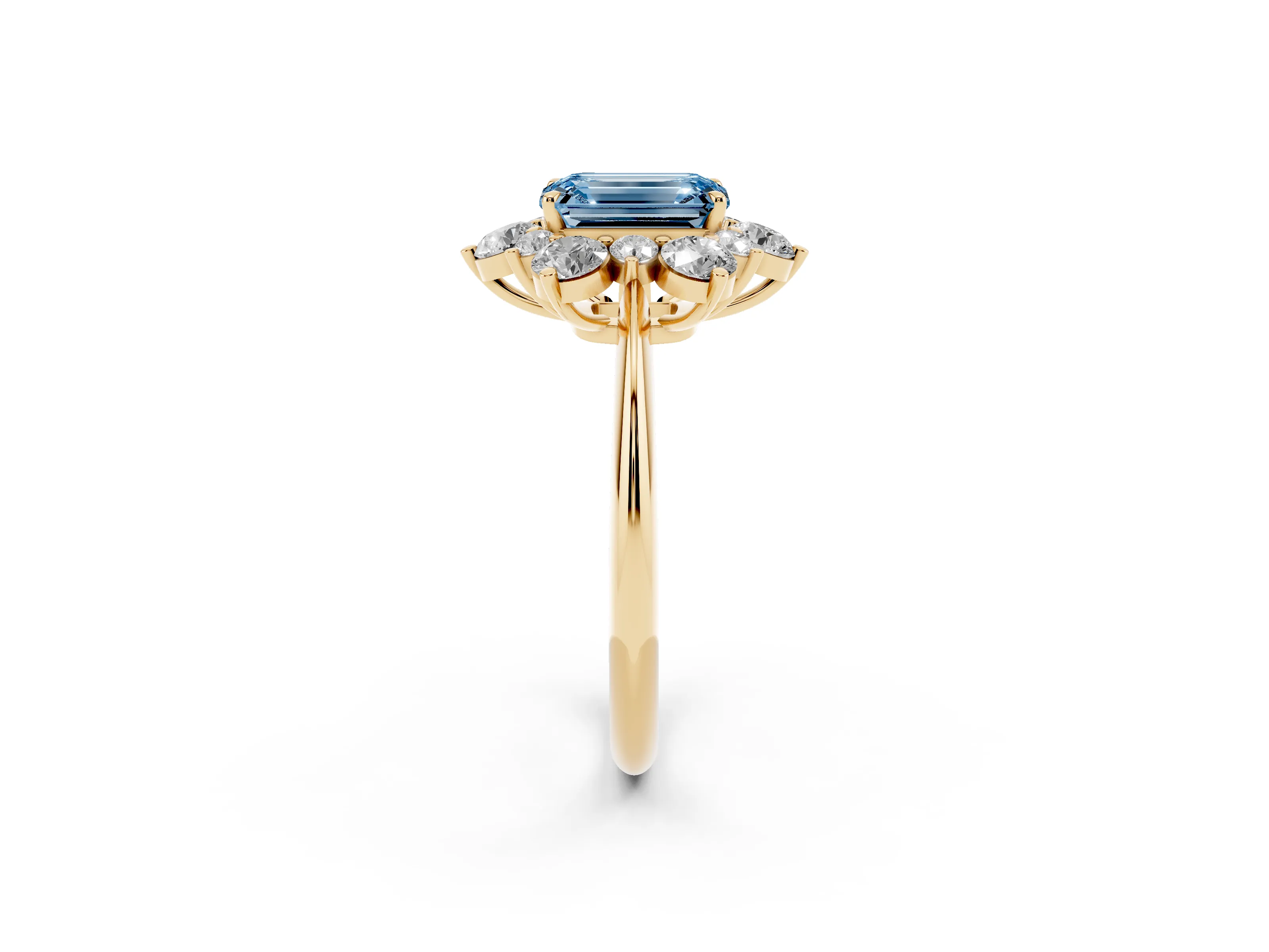 Fancy Blue Emerald Cut Diamond Cluster Halo Ring Set in Yellow gold with Solitaire Band and Prong Setting