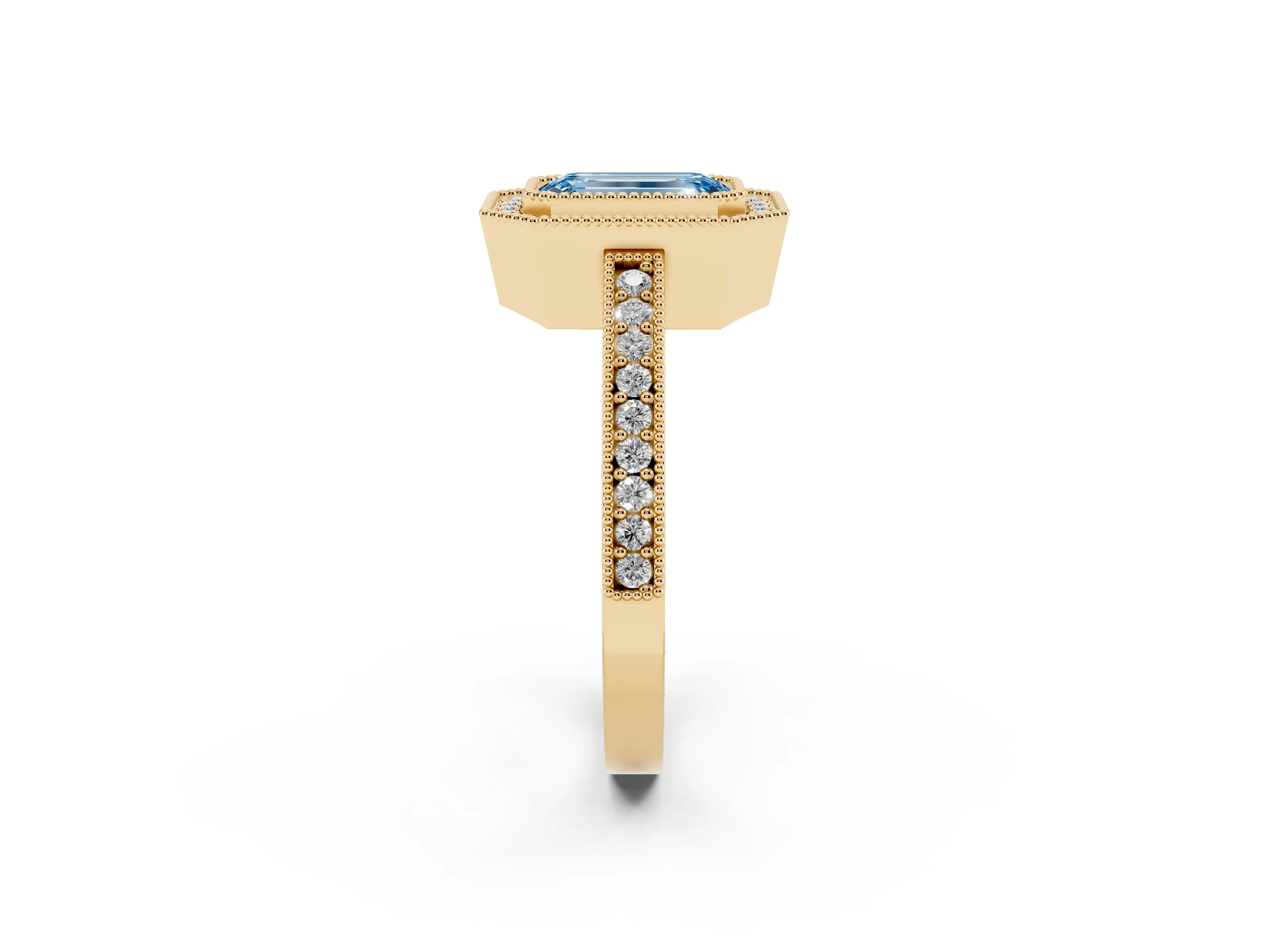 Fancy Blue Emerald Cut Diamond Halo Engagement Ring Set in Yellow gold with Pavé Band and Round Halo Stones