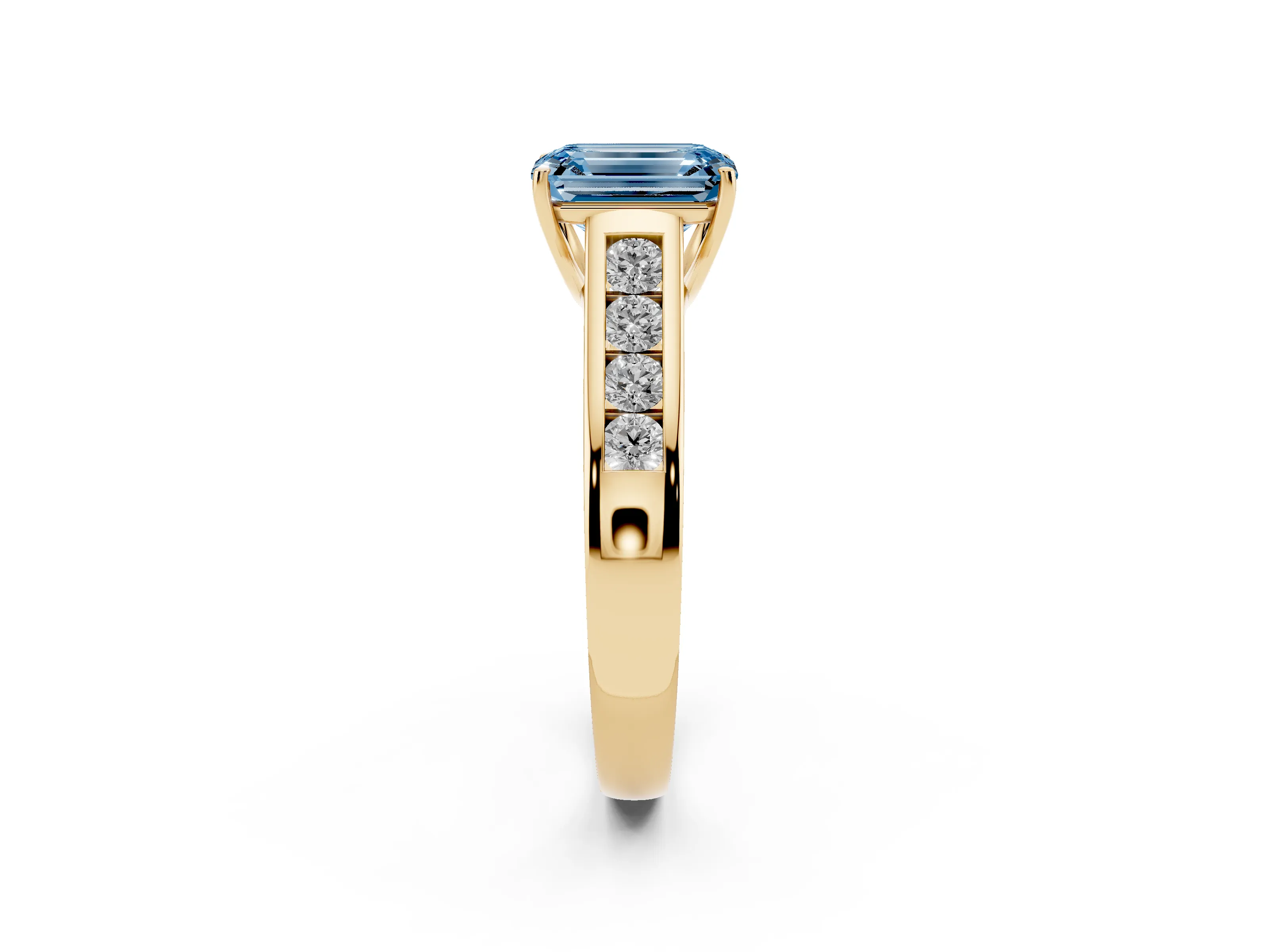Fancy Blue Emerald Cut Diamond Solitaire Channel-Set Engagement Ring Set in Yellow gold with Prong Setting