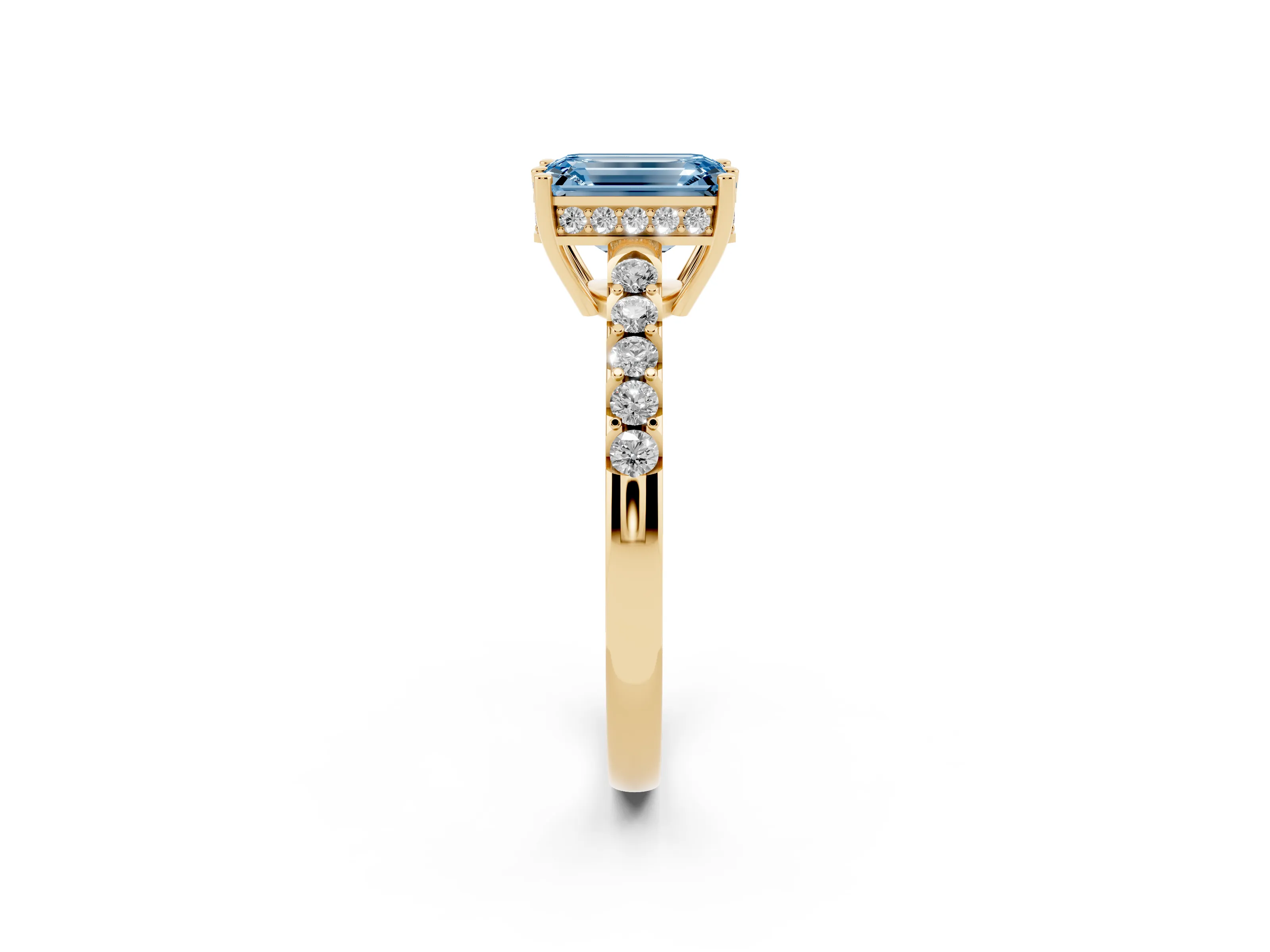Fancy Blue Emerald Cut Diamond Solitaire Engagement Ring Set in Yellow gold with Pavé Band and Prong Setting