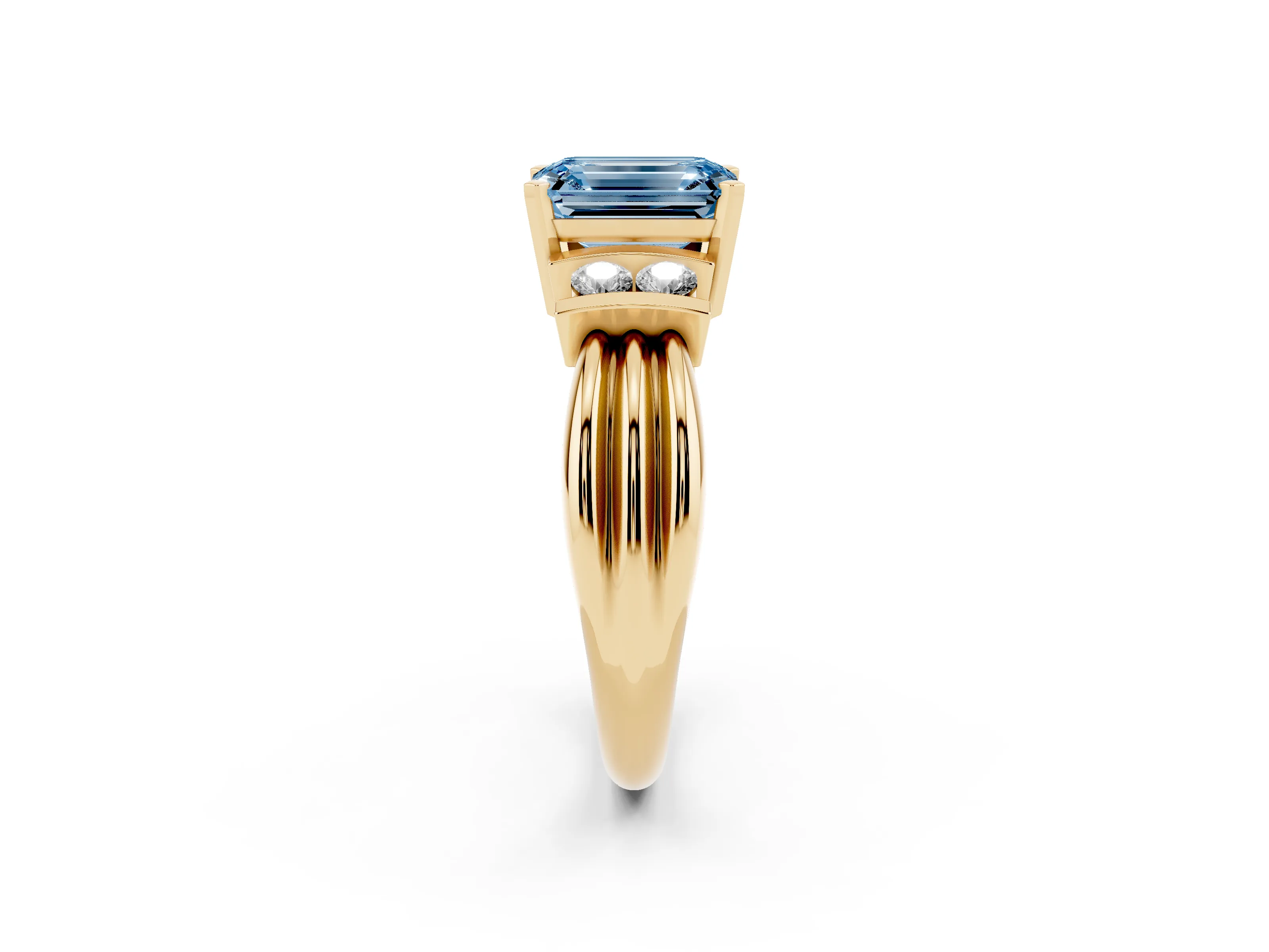 Fancy Blue Three-Stone Emerald Cut Diamond Channel Set Ring Set in Yellow gold with Bar Prongs
