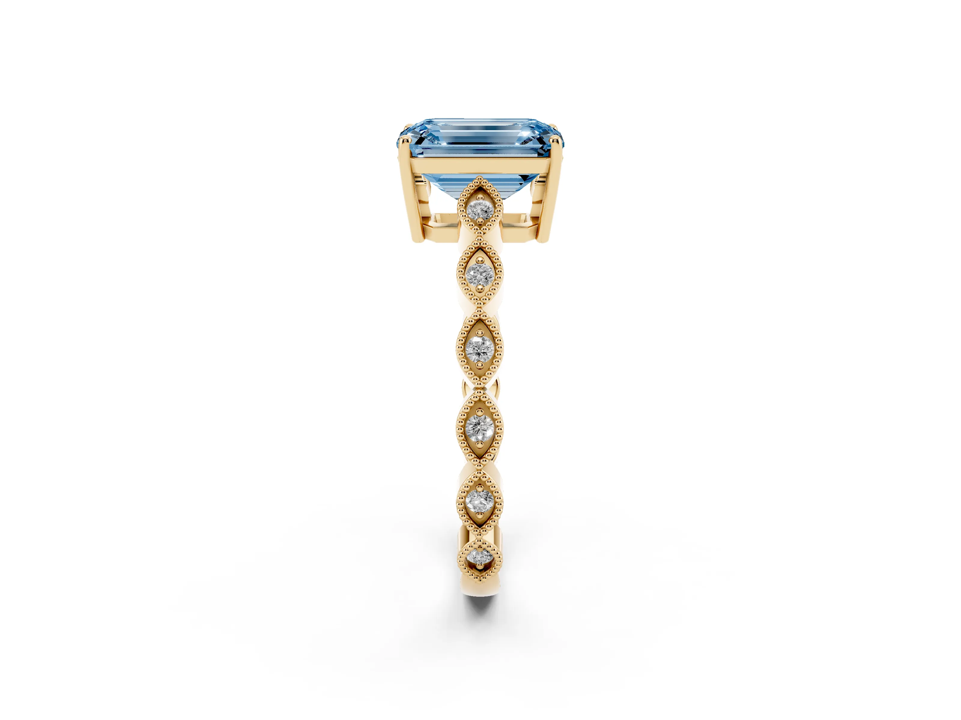 Fancy Blue Emerald Cut Diamond Solitaire Ring Set in Yellow gold with Infinity Twist Pavé Band