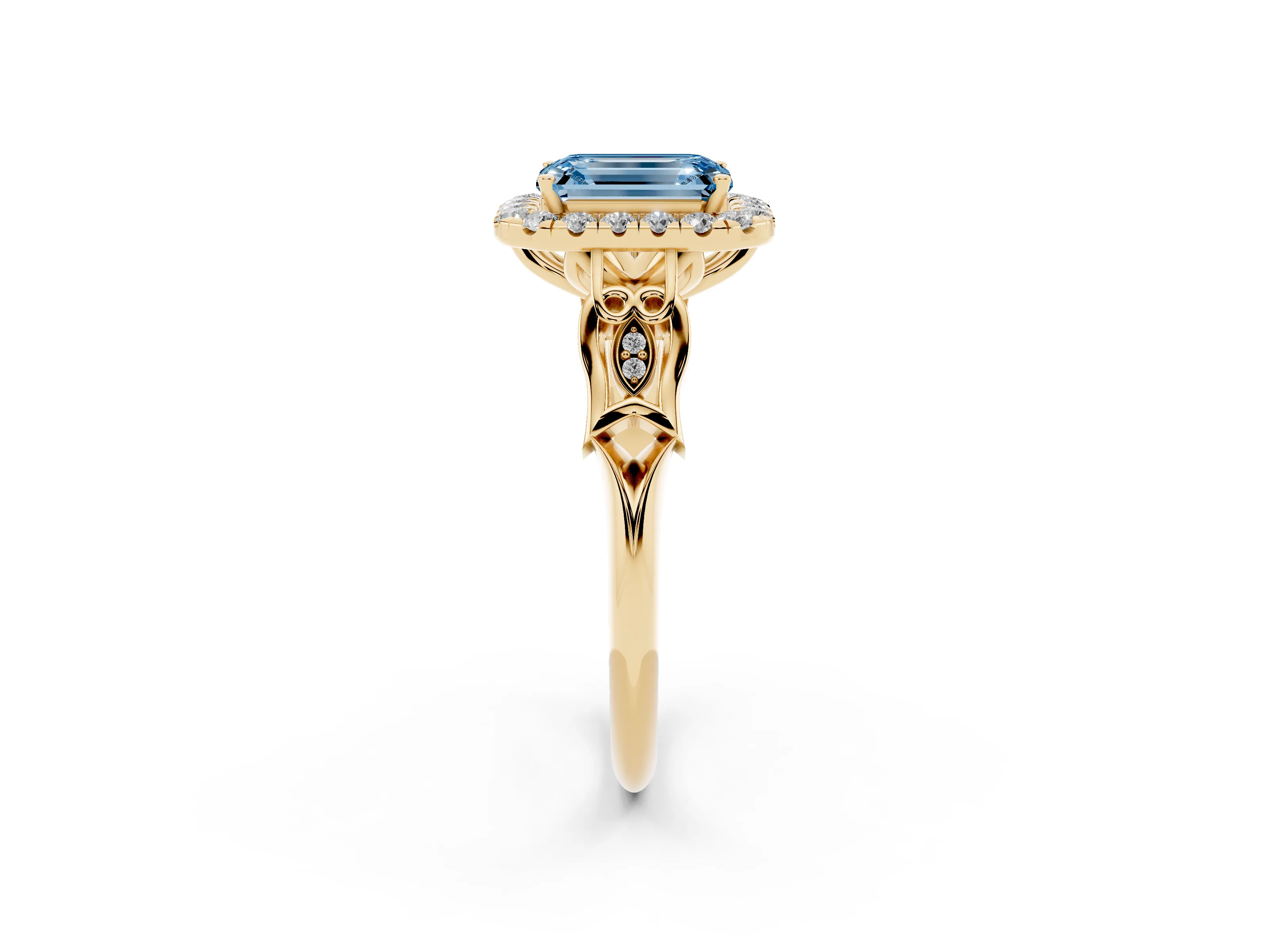 Fancy Blue Emerald Cut Diamond Halo Engagement Ring Set in Yellow gold with Filigree Band and Prong-Set Center