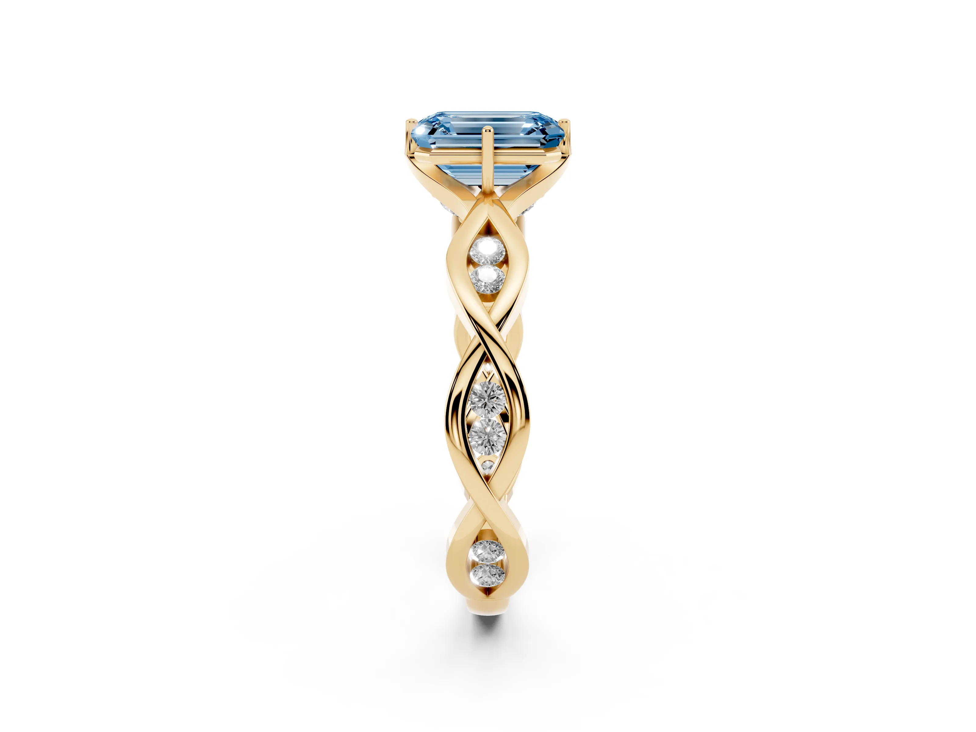 Fancy Blue Emerald Cut Diamond Twist Band Solitaire Ring Set in Yellow gold with Leaf Prong Setting and Accent Stones