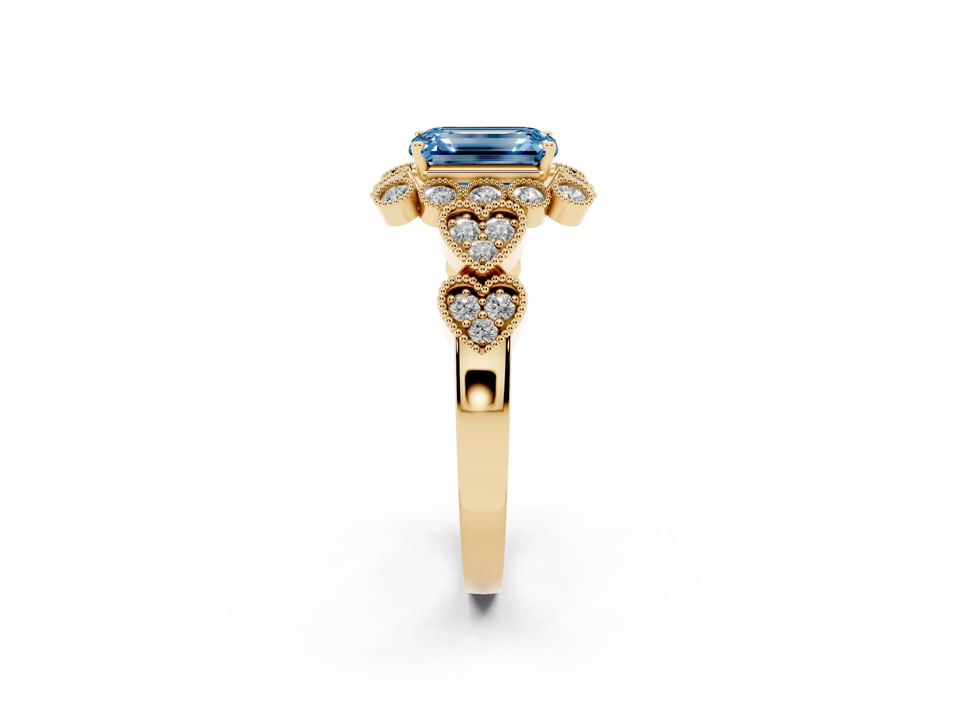 Fancy Blue Emerald Cut Diamond Solitaire Ring Set in Yellow gold with Milgrain Pavé Heart Band