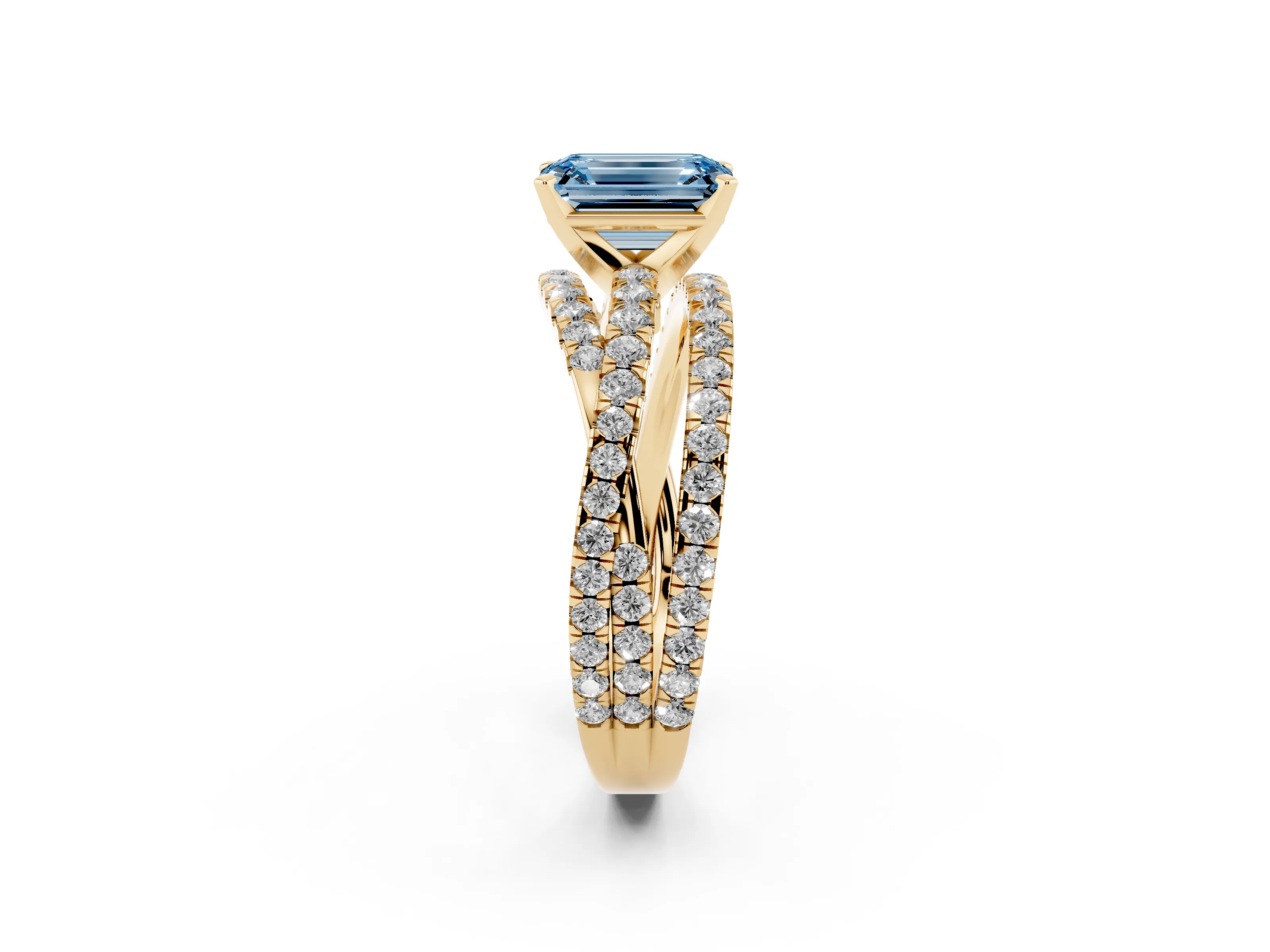 Fancy Blue Emerald Cut Diamond Solitaire Twist Band Ring Set in Yellow gold with Pavé Setting and Prong Head