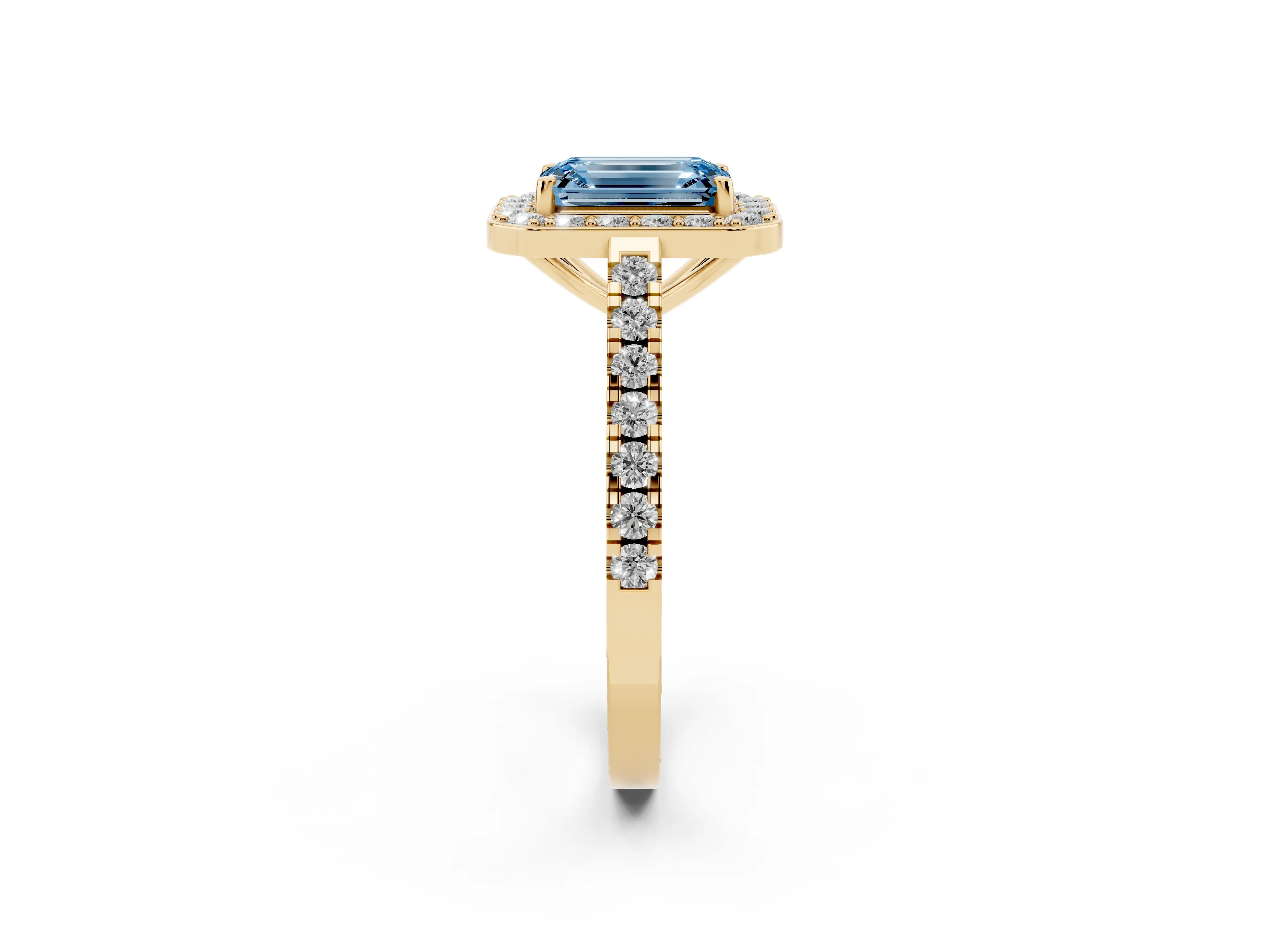Fancy Blue Emerald Cut Diamond Halo Ring Set in Yellow gold with Round Pavé Split Shank and Prong Setting
