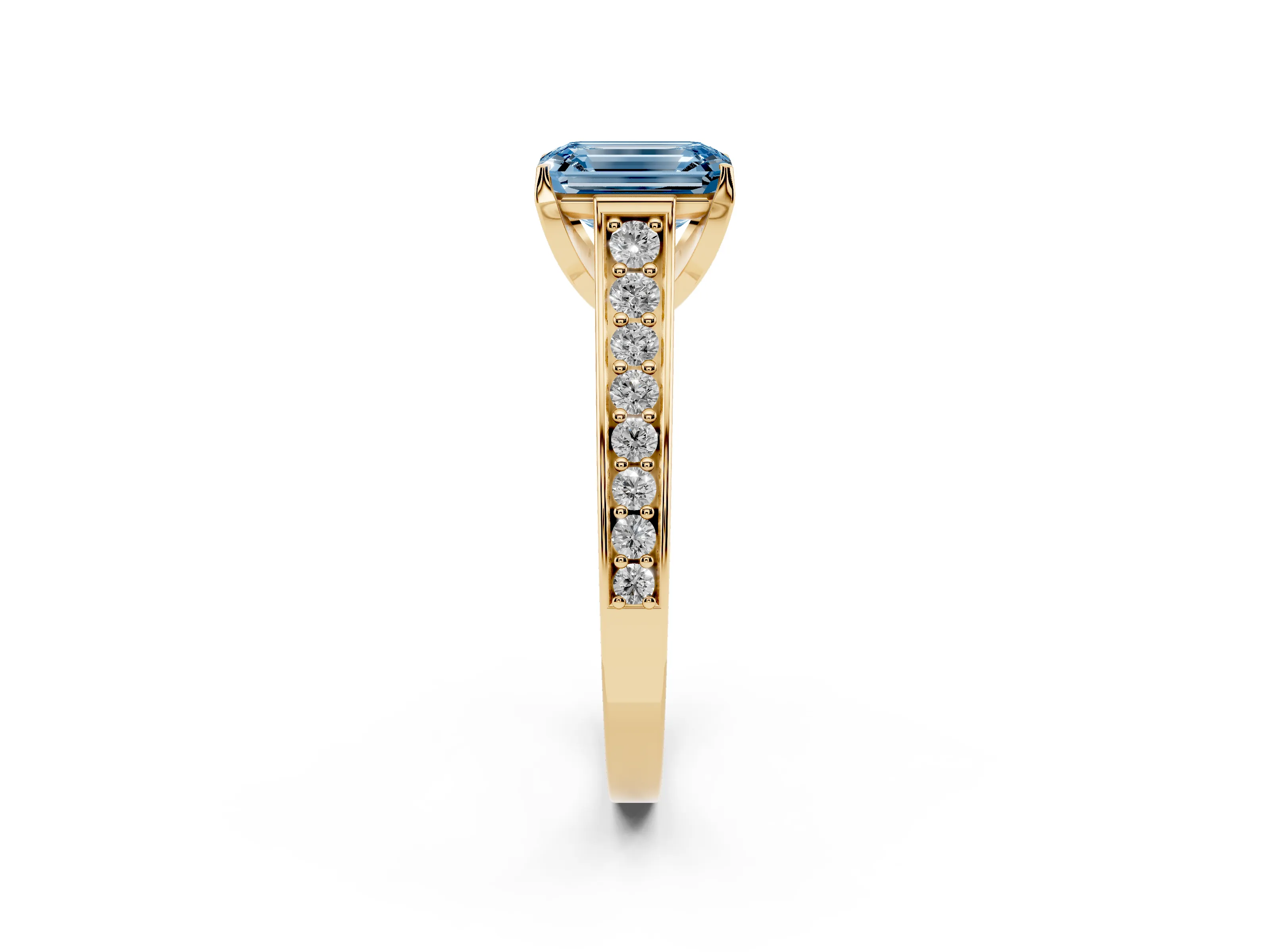 Fancy Blue Emerald Cut Diamond Solitaire Pavé Engagement Ring Set in Yellow gold with Prong Setting