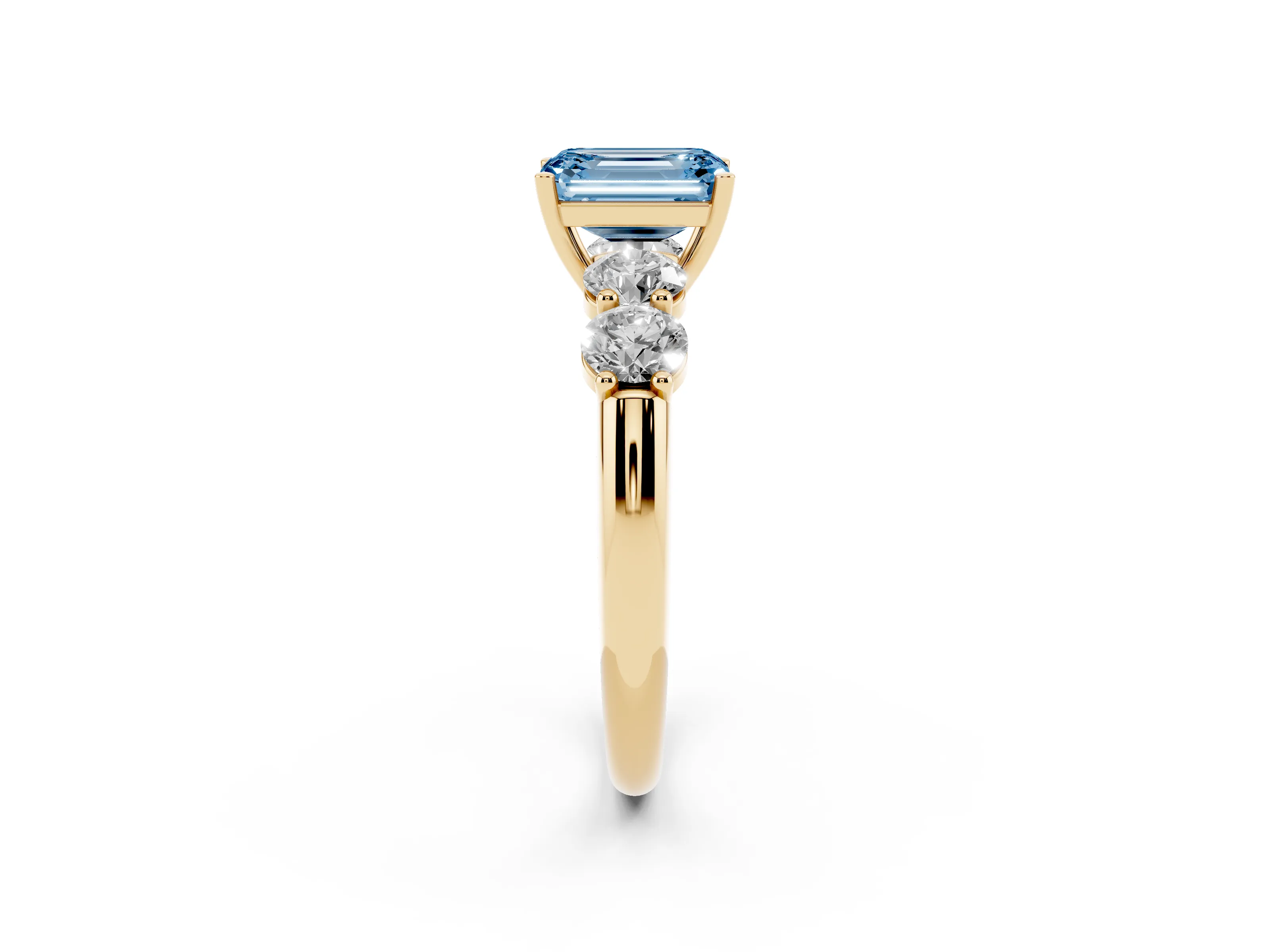 Fancy Blue Emerald Cut Diamond Five-Stone Prong Set Ring Set in Yellow gold with Classic Band