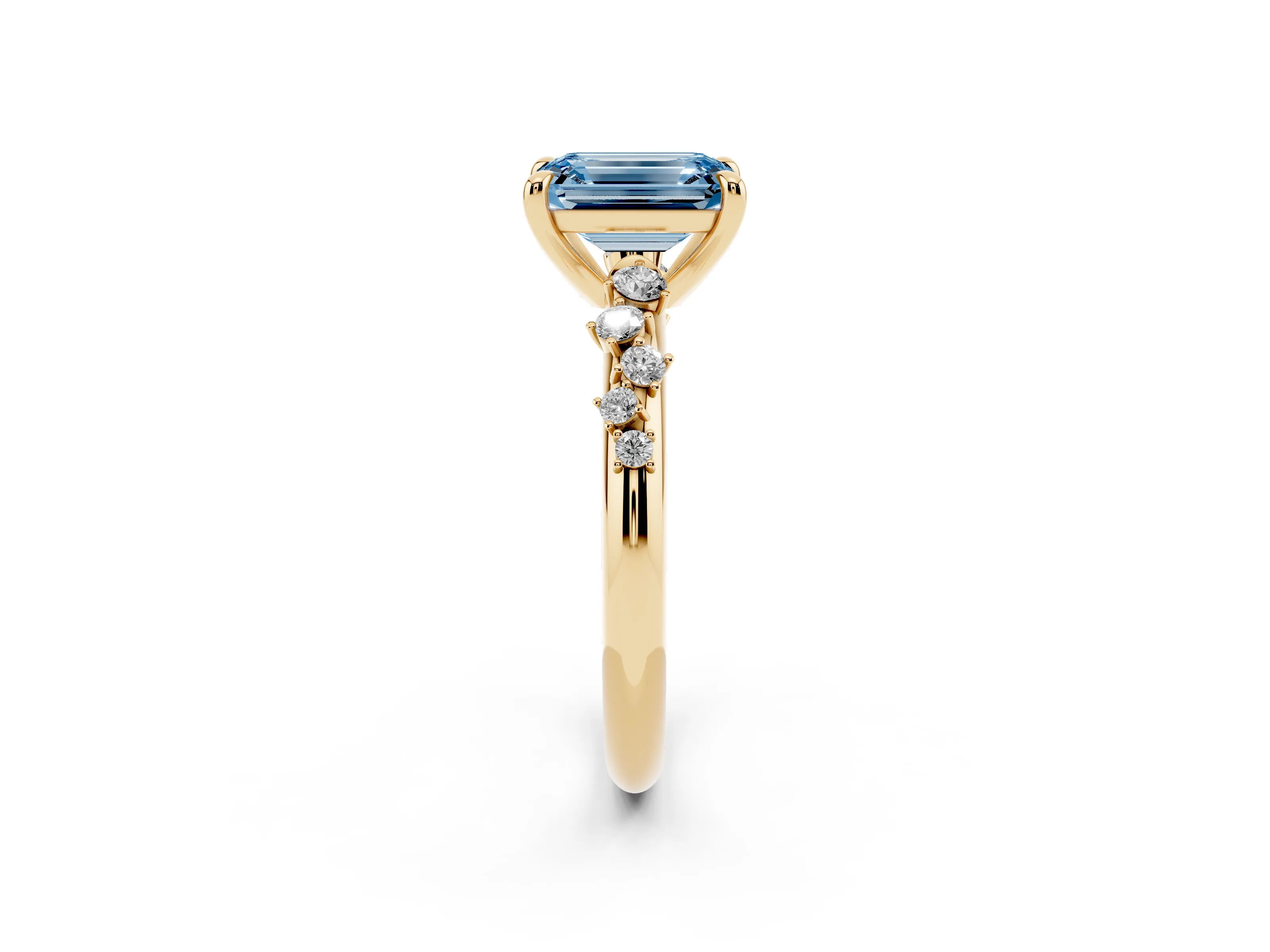 Fancy Blue Emerald Cut Diamond Solitaire Vine Band Ring Set in Yellow gold with Round Accents and Prong Setting
