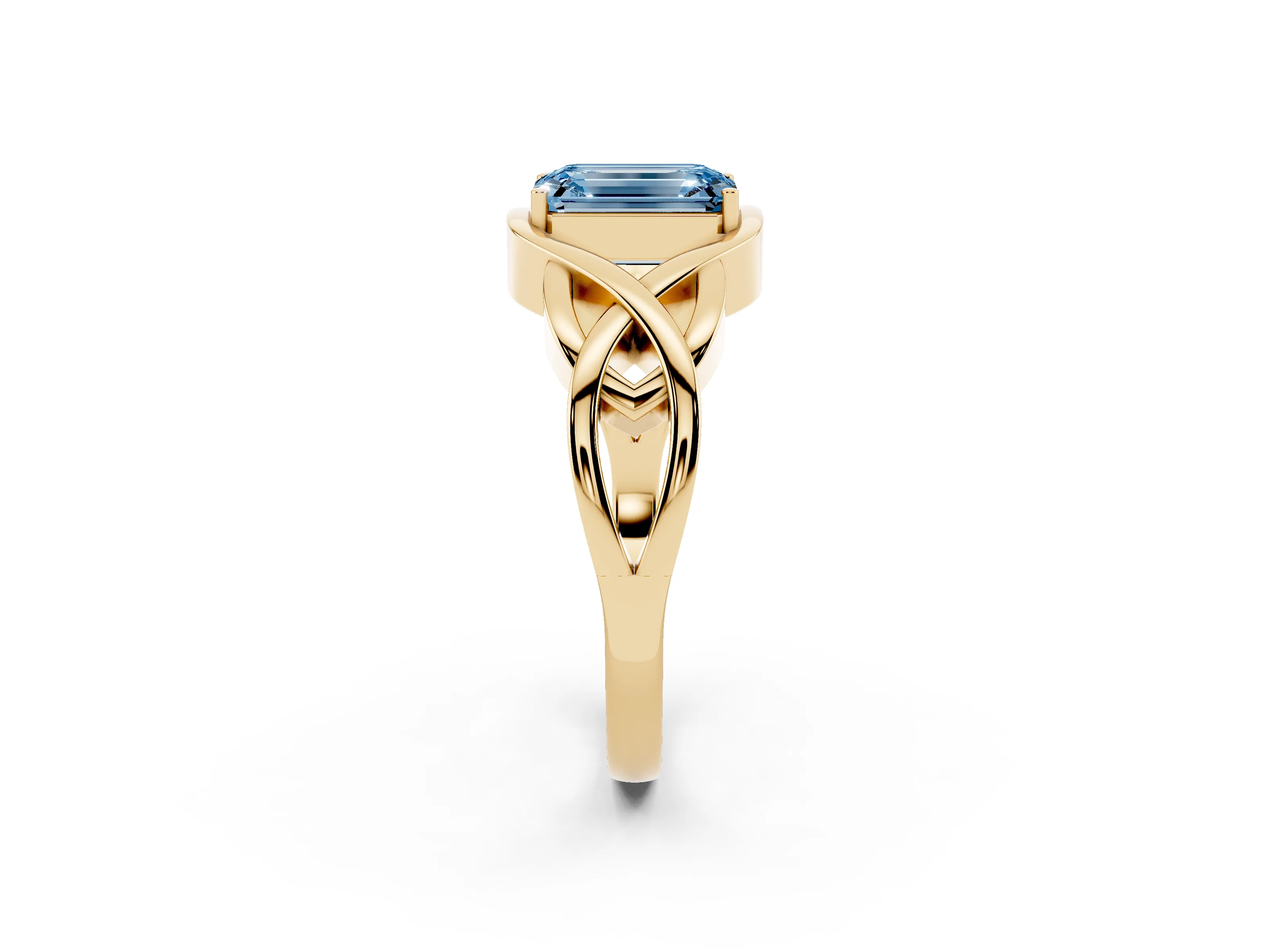 Fancy Blue Emerald Cut Diamond Solitaire Ring Set in Yellow gold with Intertwined Band