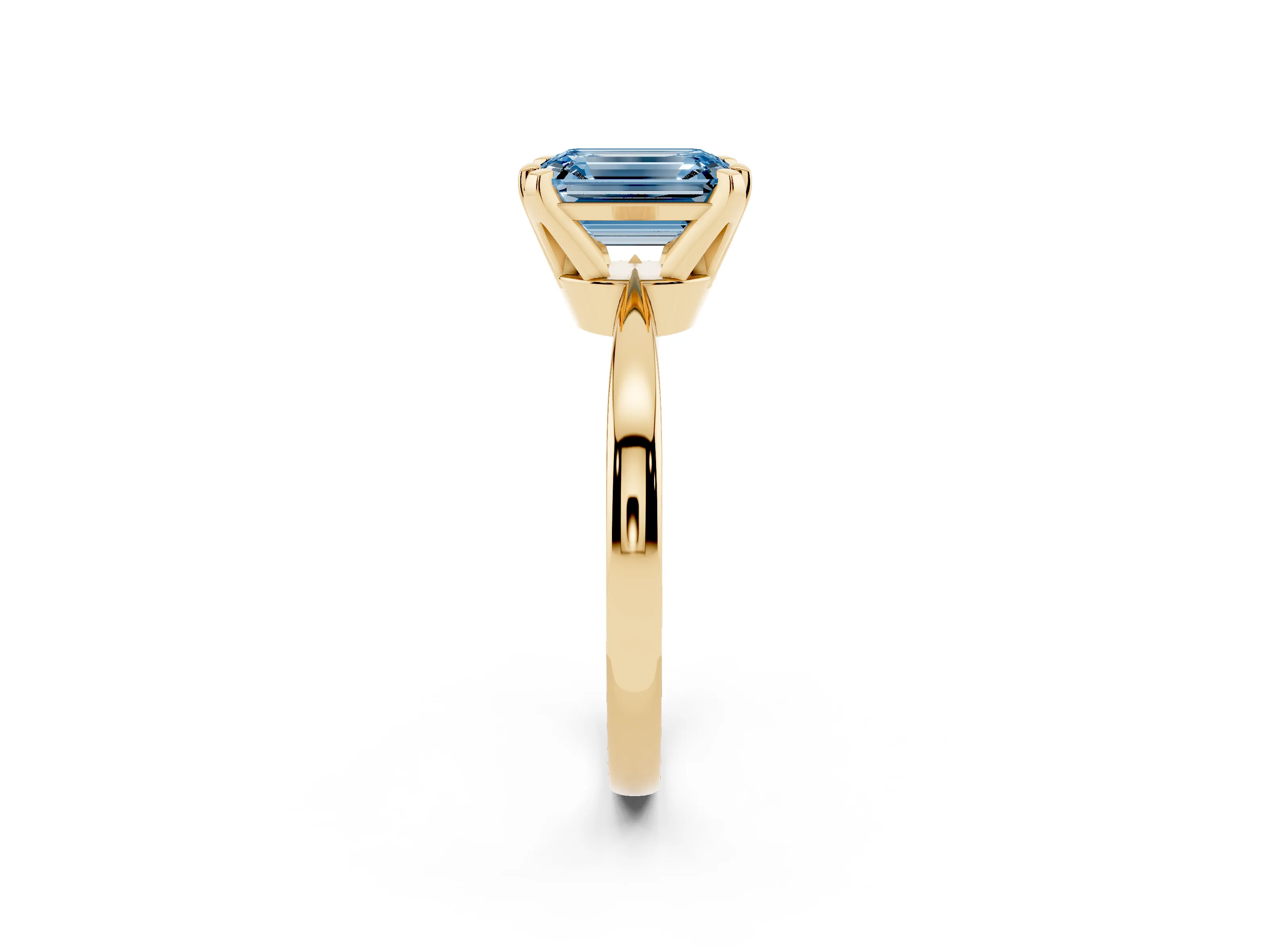 Fancy Blue Emerald Cut Diamond Solitaire Engagement Ring Set in Yellow gold with Slim Tapered Solitaire Band