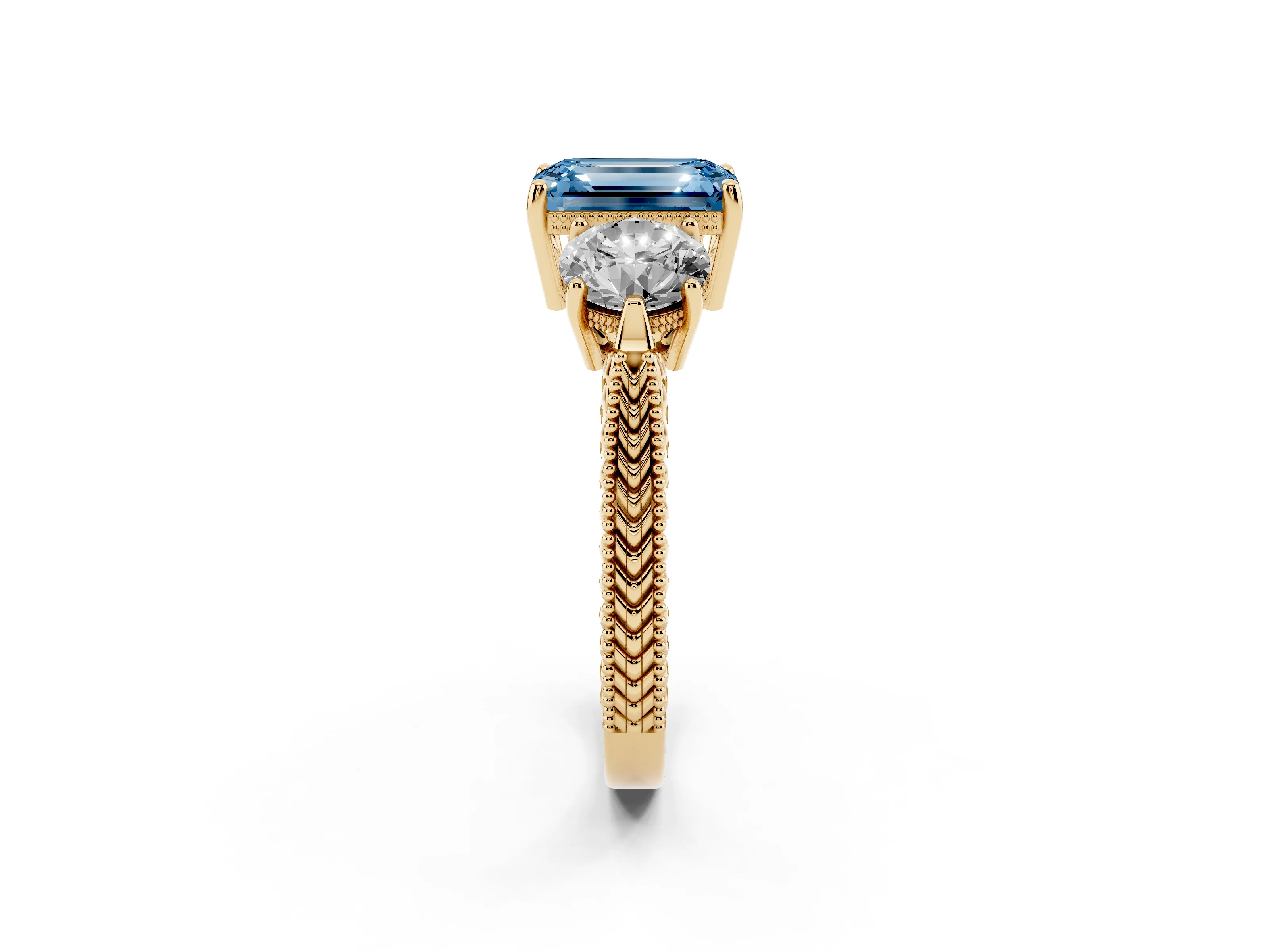 Fancy Blue Emerald Cut Diamond Three-Stone Ring Set in Yellow gold with Milgrain Band