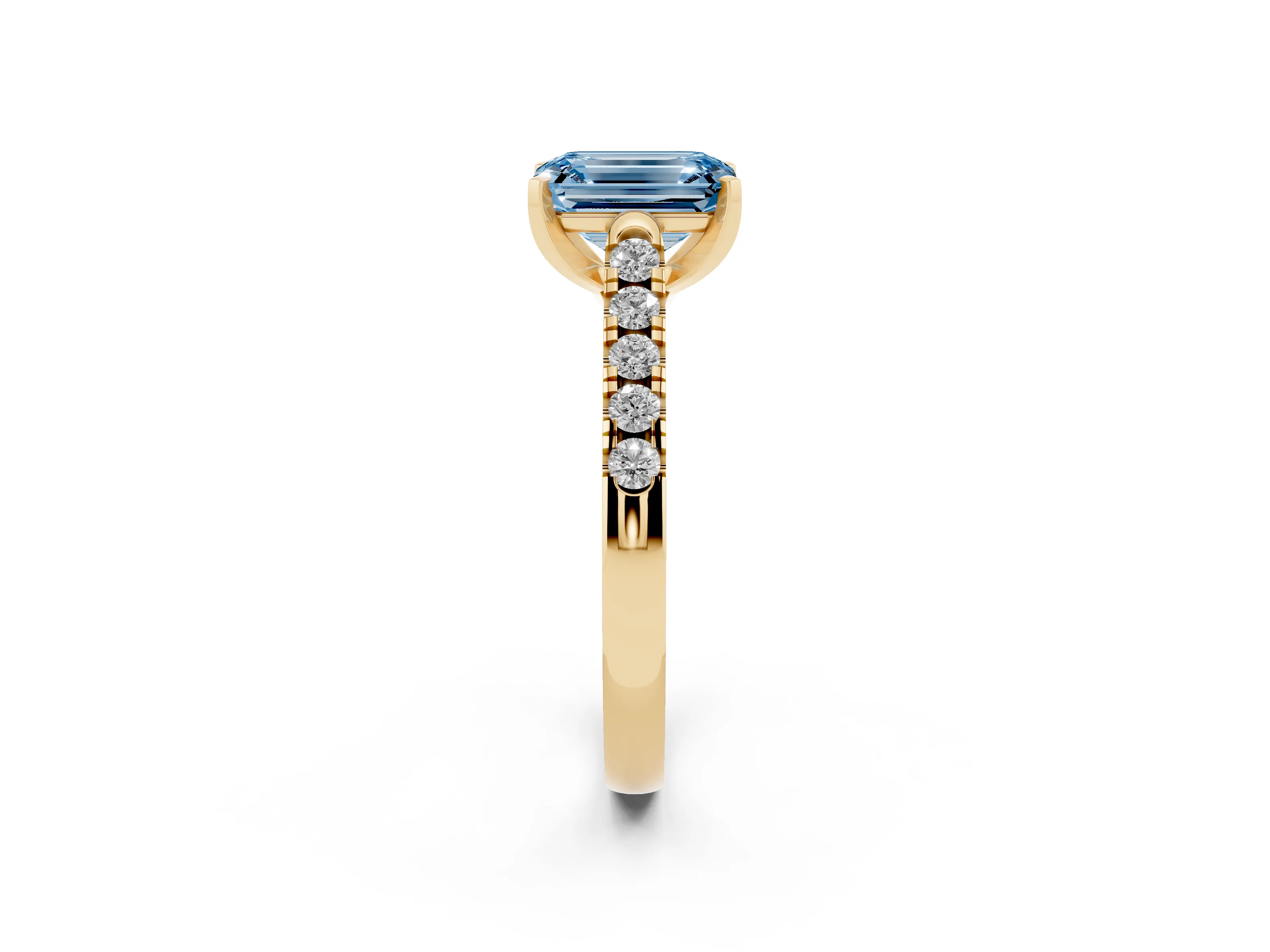 Fancy Blue Emerald Cut Diamond Pavé Band Solitaire Ring Set in Yellow gold with Partway Accent Stones and Prong Setting