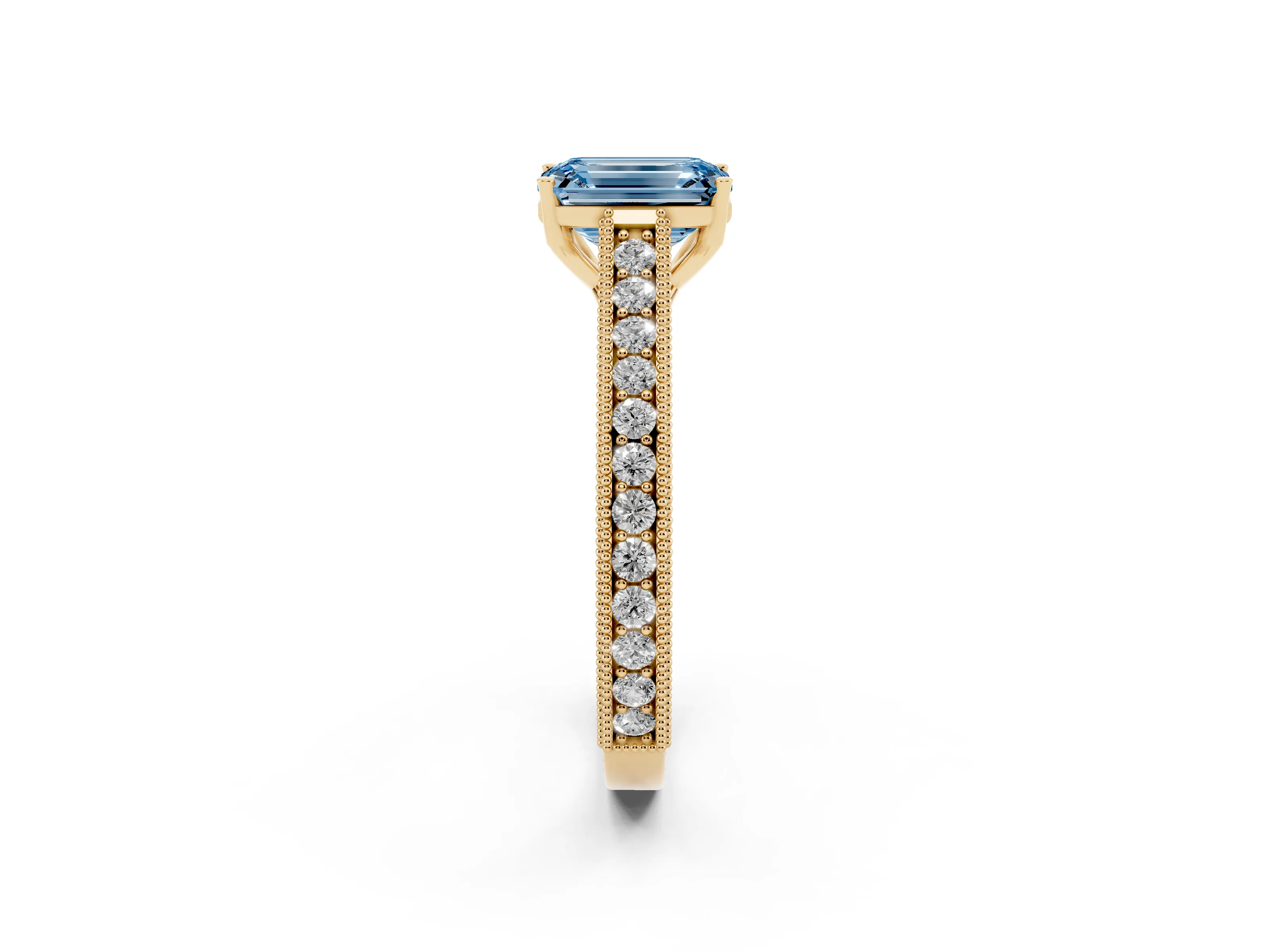 Fancy Blue Emerald Cut Diamond Milgrain Pavé Band Solitaire Ring Set in Yellow gold with Prong Setting
