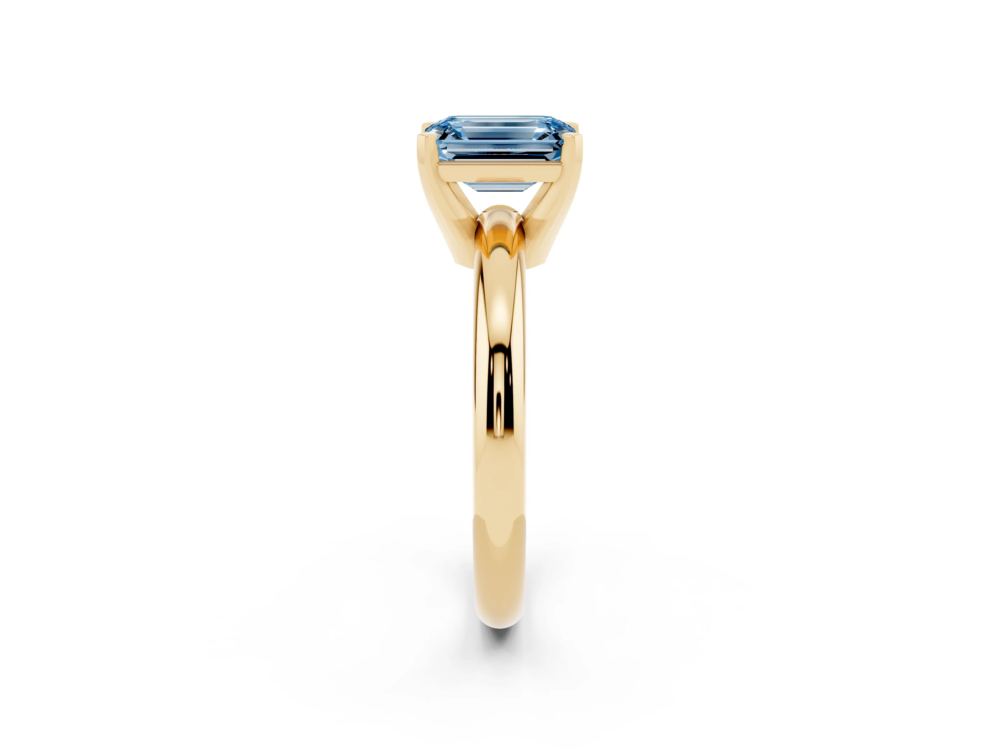 Fancy Blue Emerald Cut Diamond Solitaire Engagement Ring Set in Yellow gold with Round Band and Prong Setting