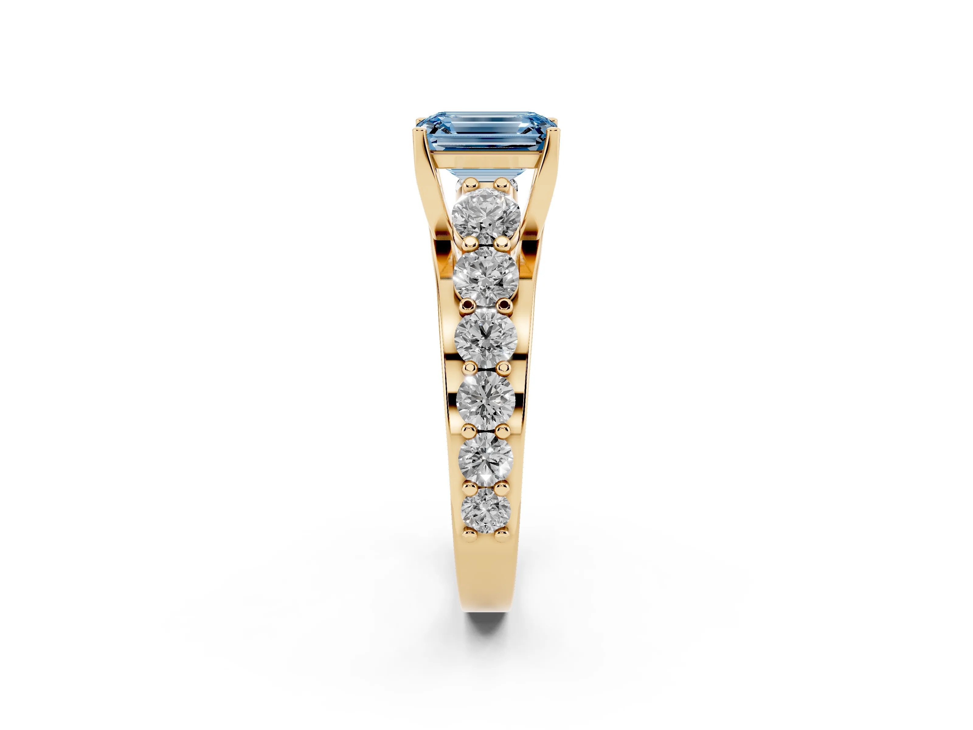 Fancy Blue Emerald Cut Diamond Pavé Engagement Ring Set in Yellow gold with Prong Setting