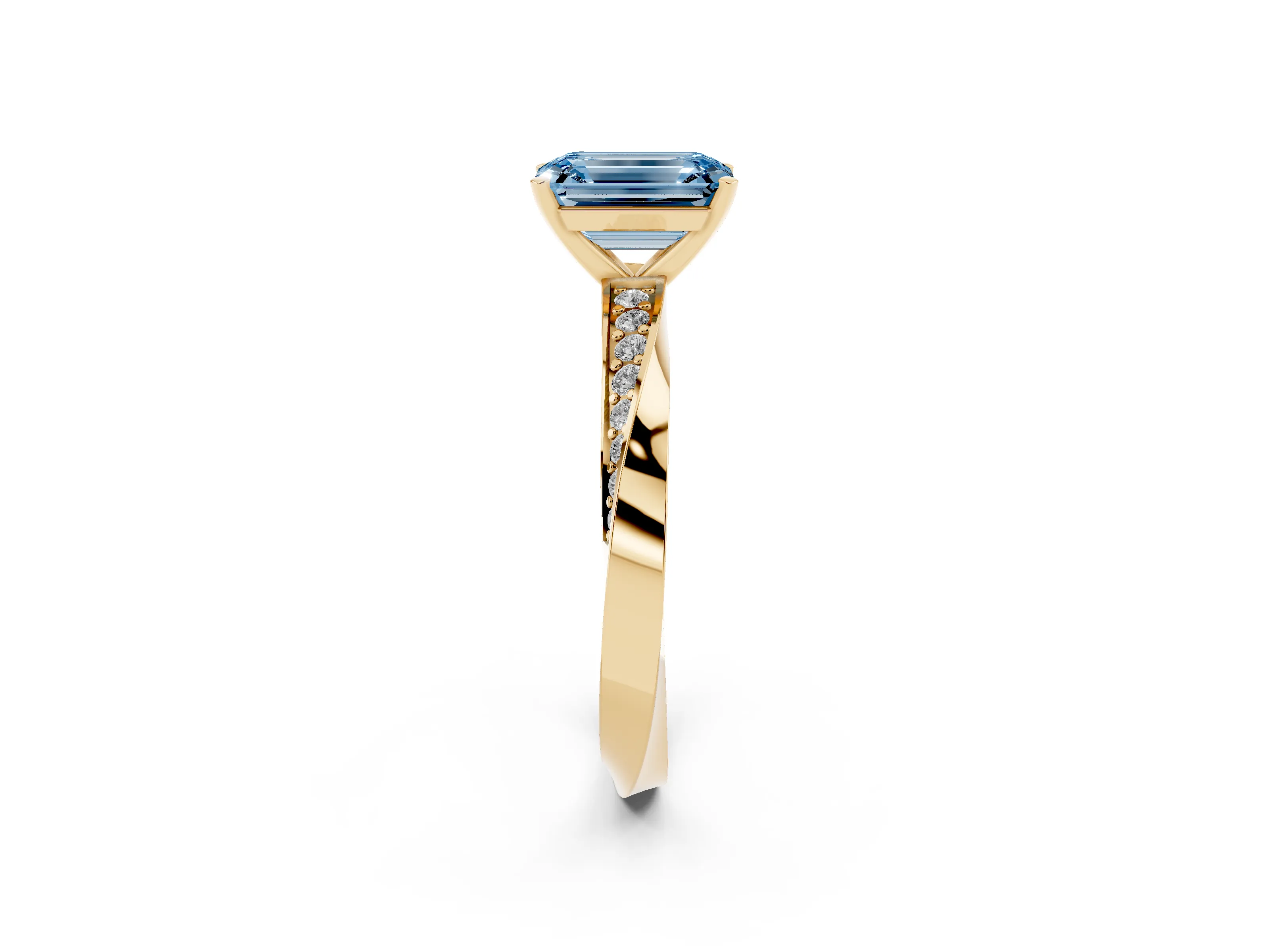 Fancy Blue Emerald Cut Diamond Engagement Ring Set in Yellow gold with Side Stone Accents and Prong Setting