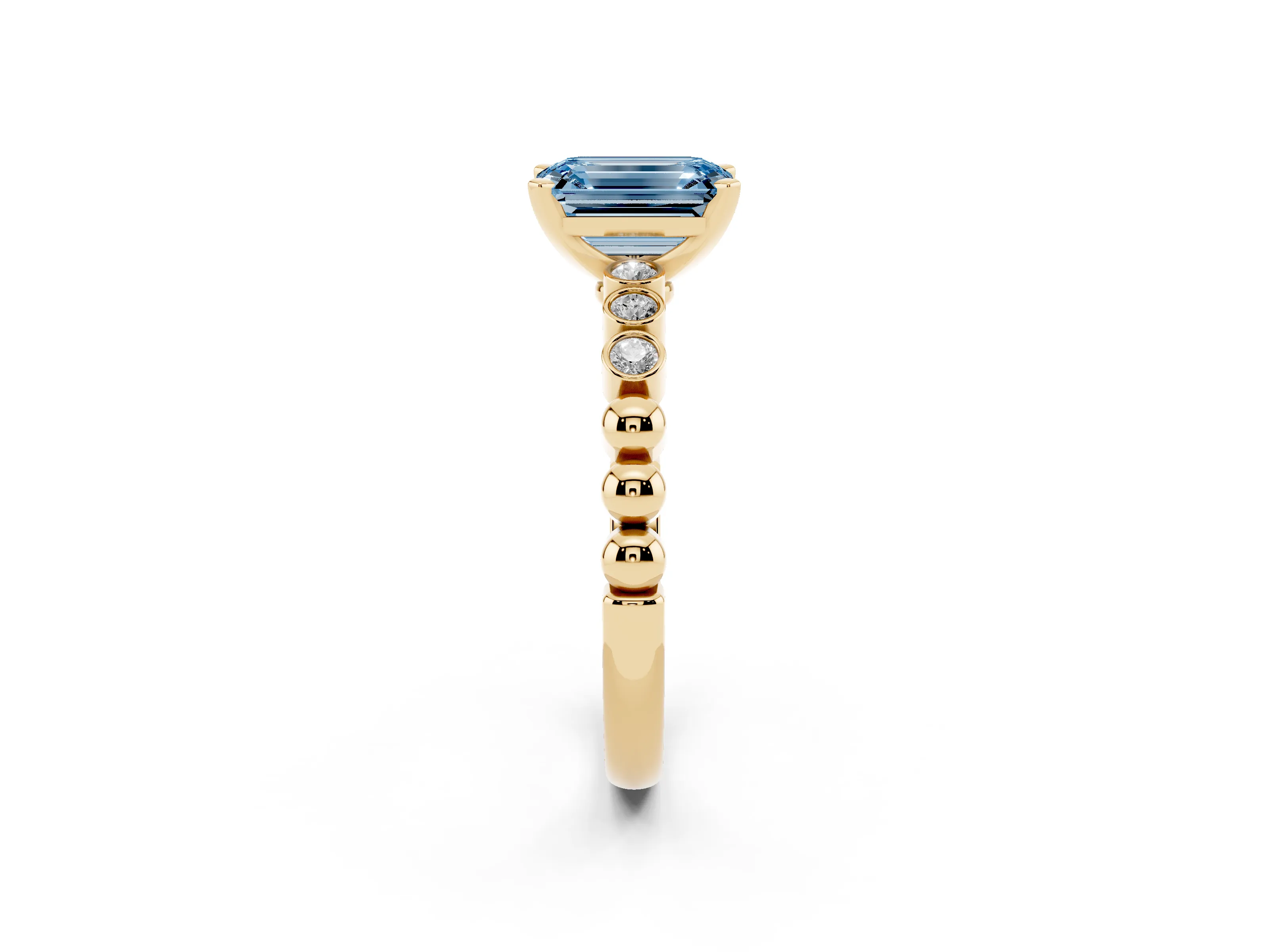 Fancy Blue Emerald Cut Diamond Solitaire Engagement Ring Set in Yellow gold with Bezel Accents on Beaded Band