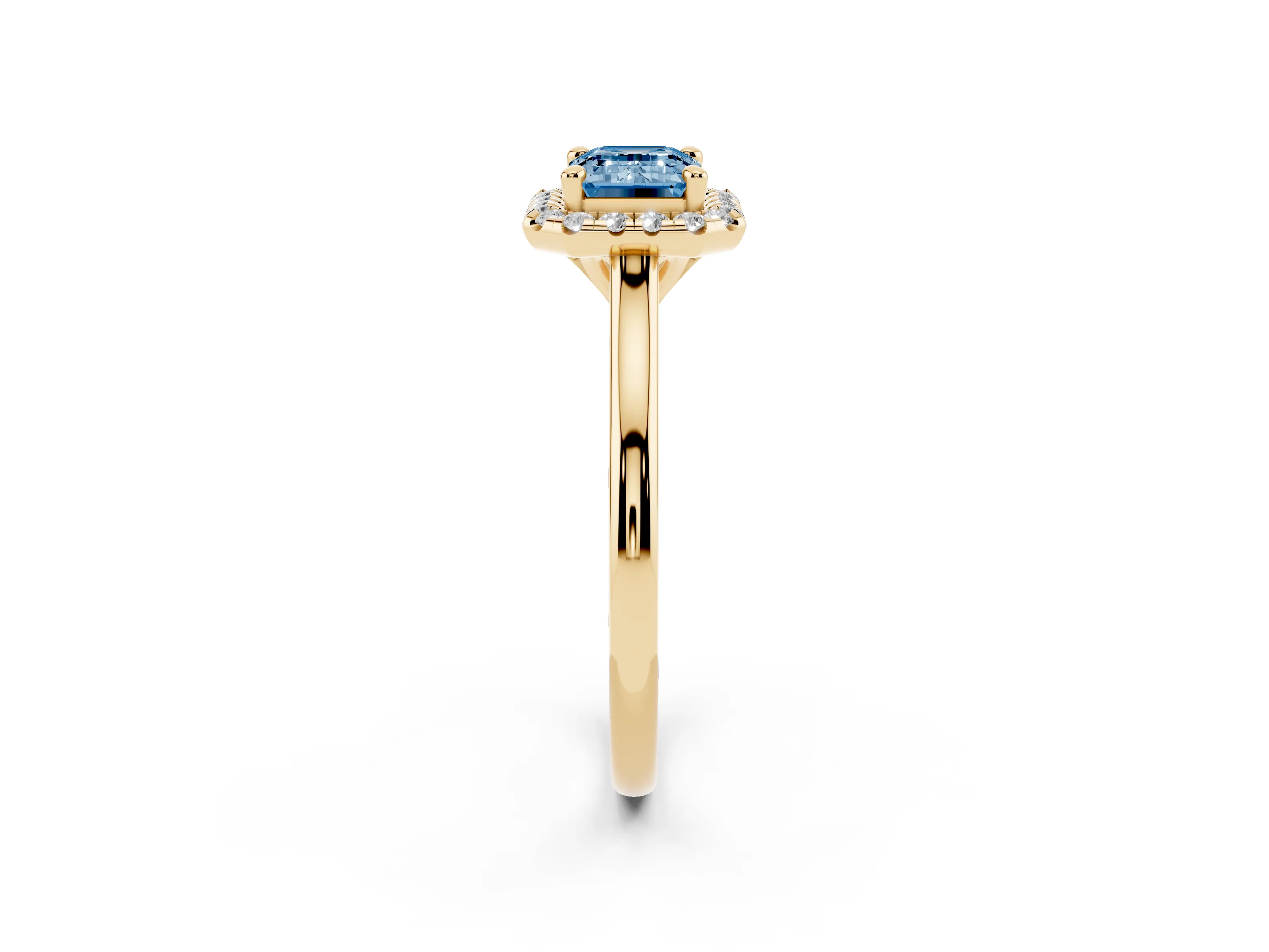 Fancy Blue Emerald Cut Diamond Halo Engagement Ring Set in Yellow gold with Pavé Band and Rising Shoulders