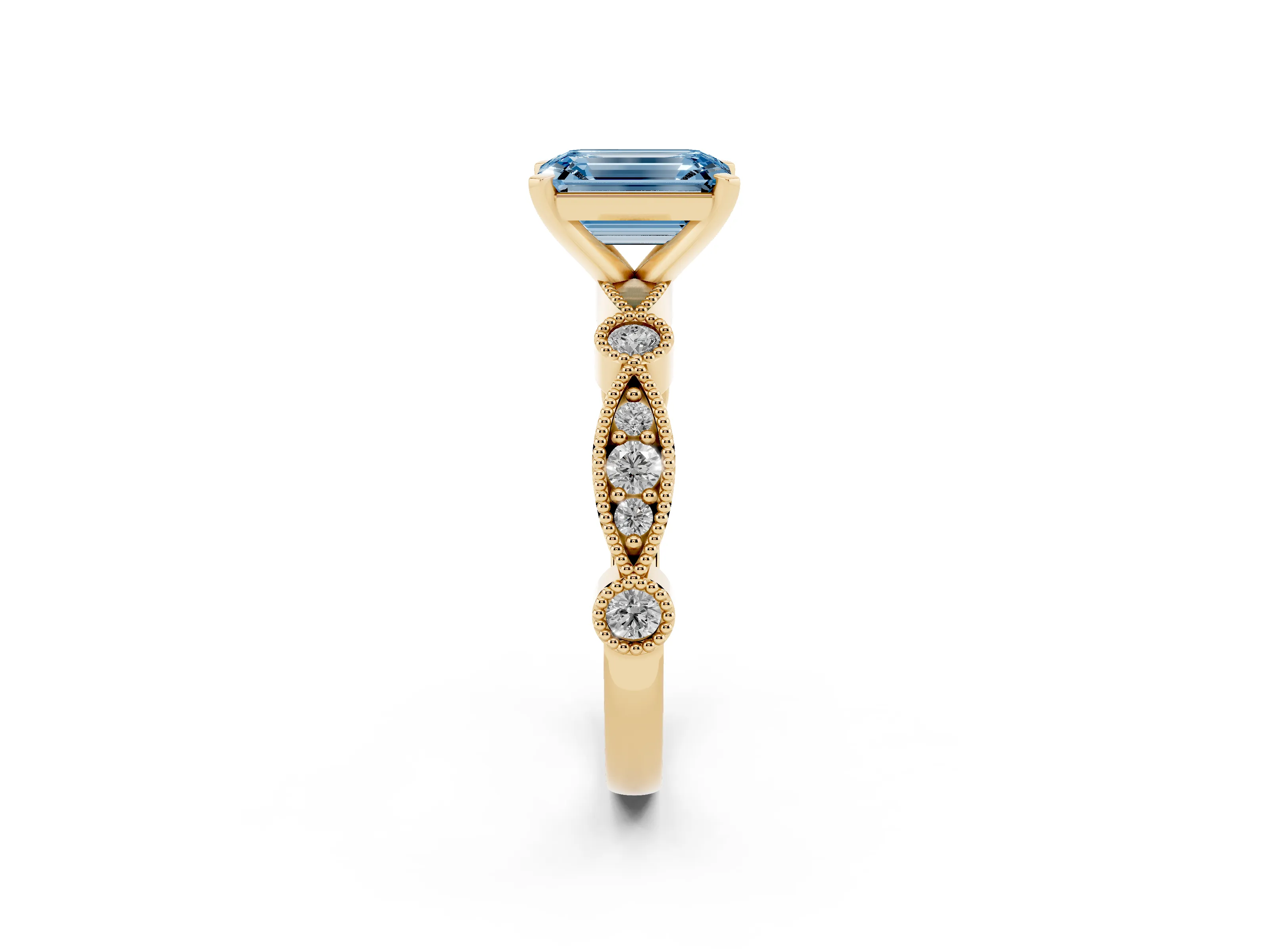 Fancy Blue Emerald Cut Diamond Solitaire Engagement Ring Set in Yellow gold with Milgrain Bezel Accent Band