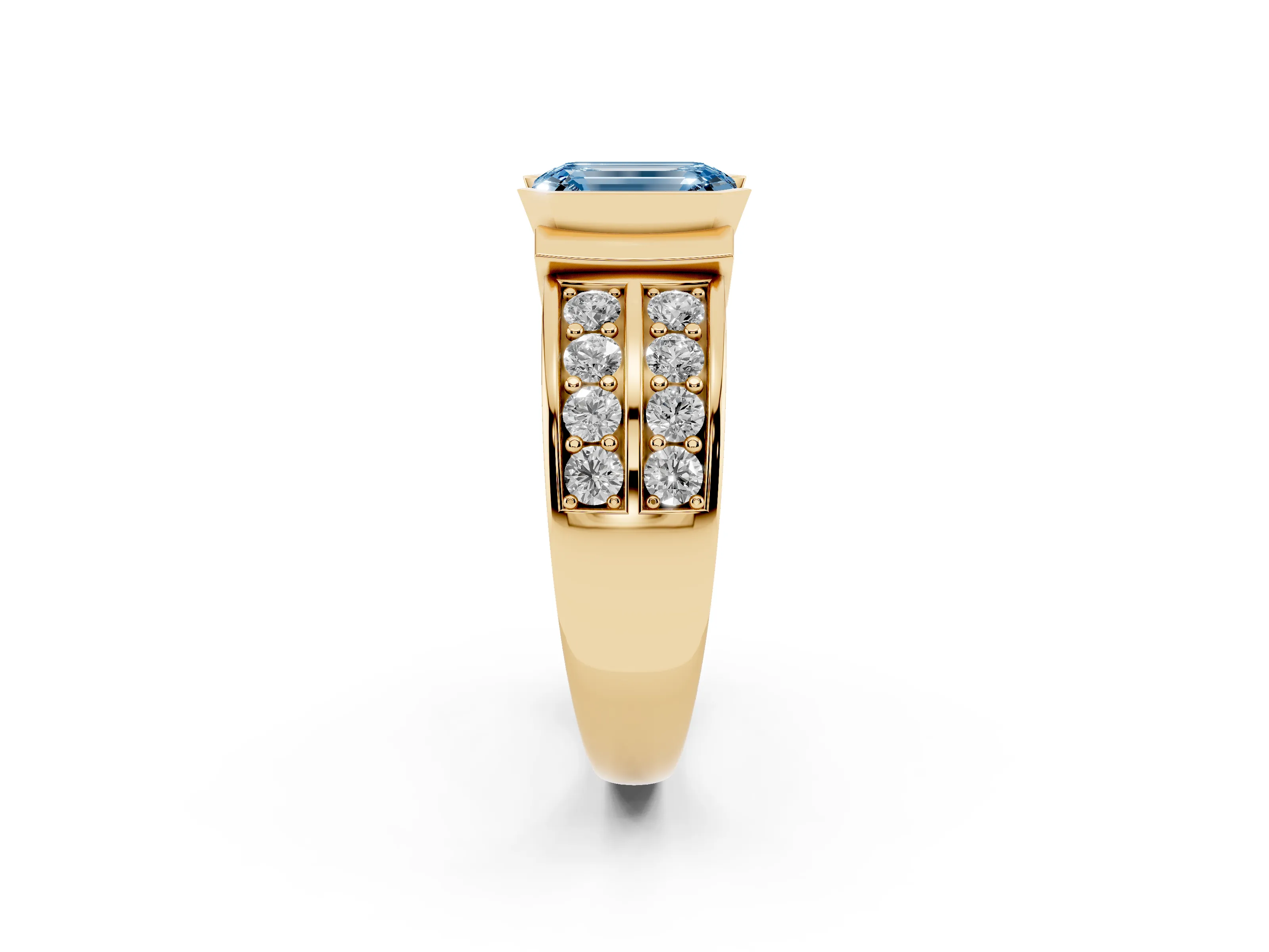 Fancy Blue Emerald Cut Diamond Wide Channel Set Band Ring Set in Yellow gold with Bezel Setting