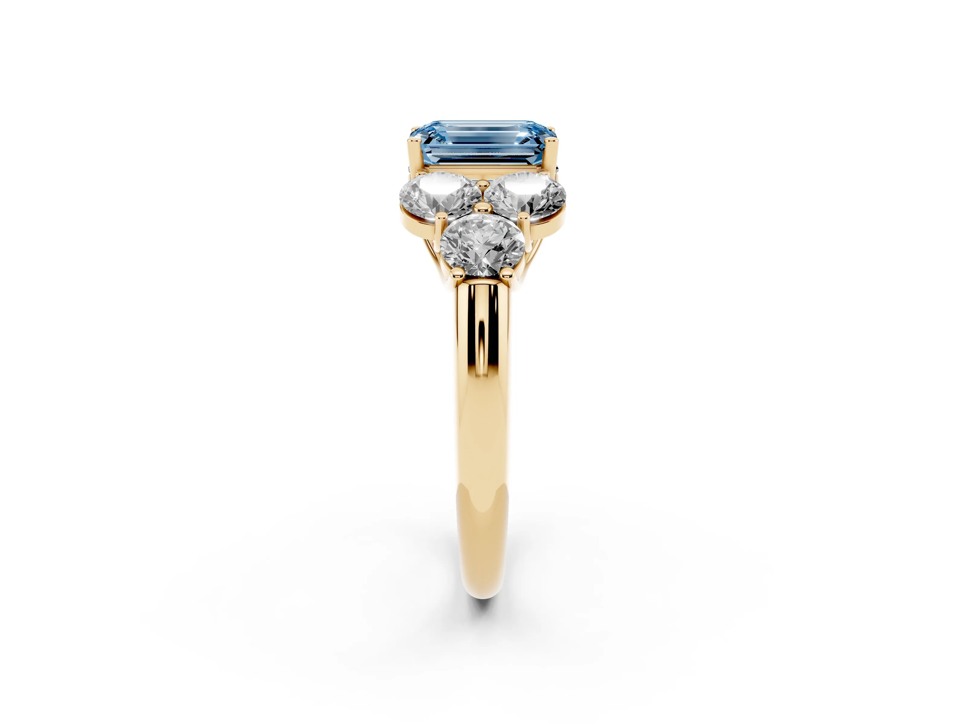 Fancy Blue Emerald Cut Diamond Cluster Ring Set in Yellow gold with Round Accent Stones and Prong Setting on a Plain Band