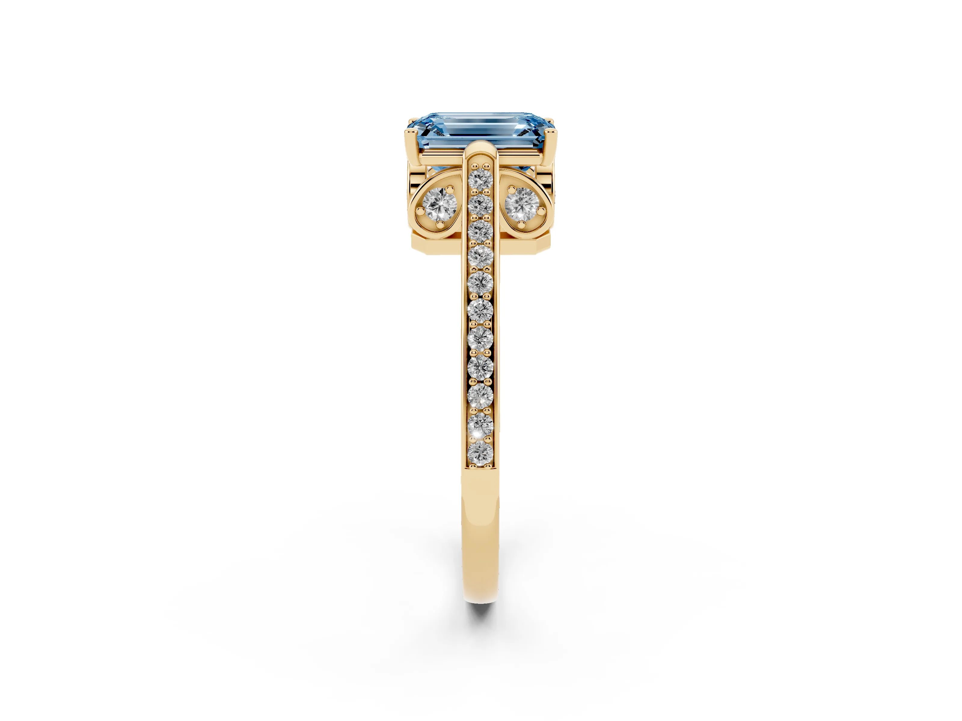 Fancy Blue Emerald Cut Diamond Cathedral Pavé Engagement Ring Set in Yellow gold with Prong Setting