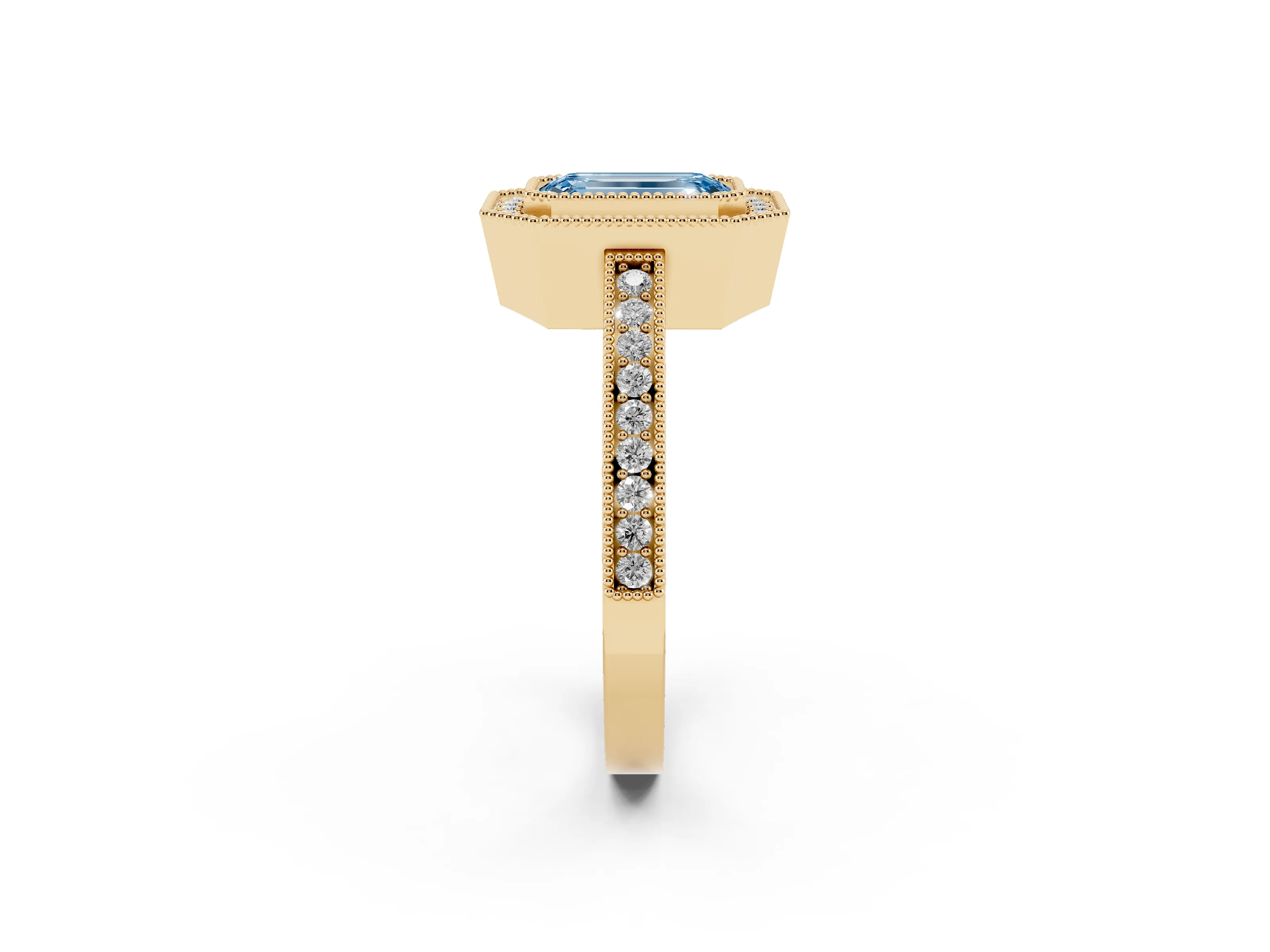 Fancy Blue Emerald Cut Diamond Round Halo Ring Set in Yellow gold with Pavé Band
