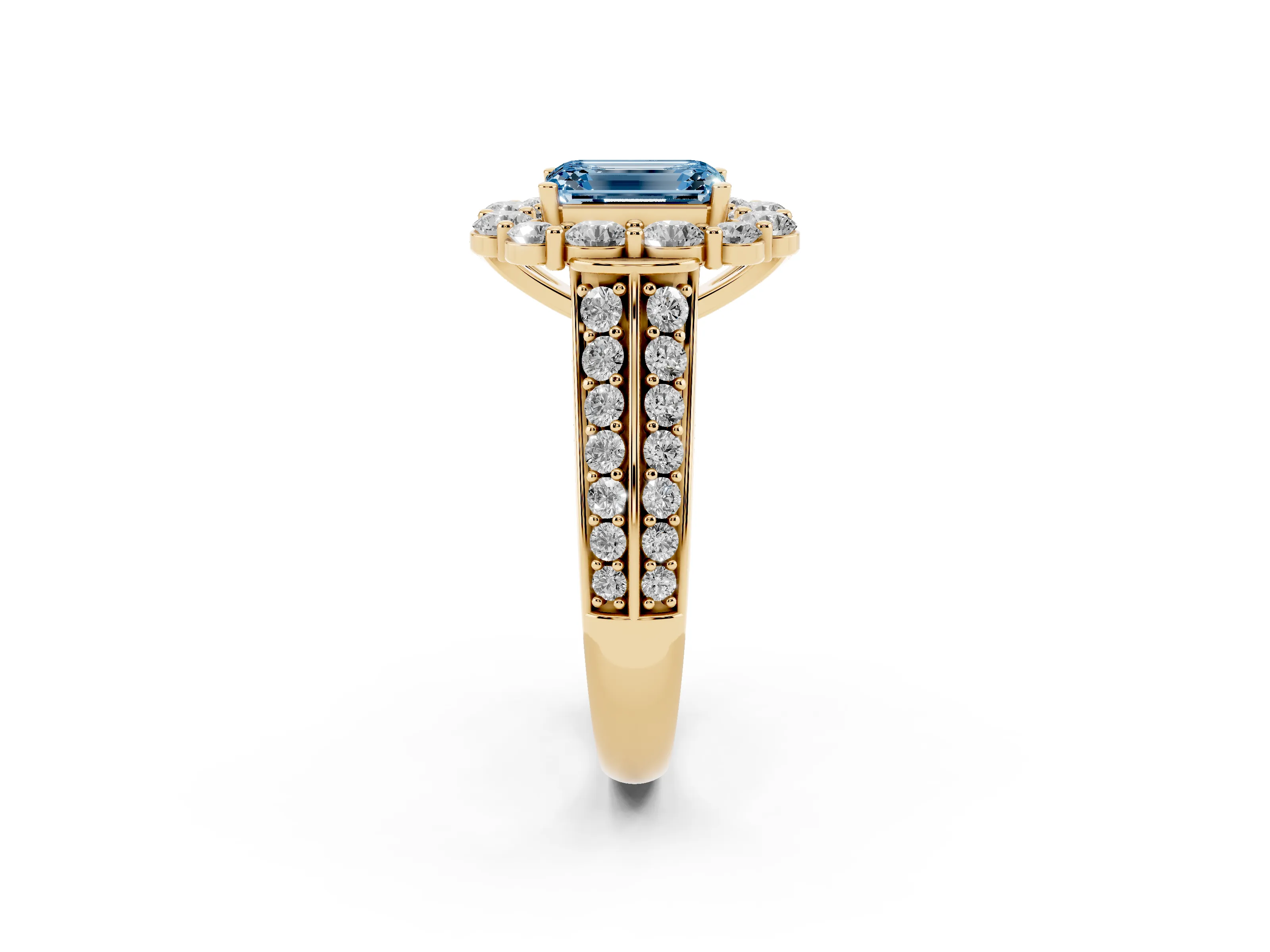 Fancy Blue Emerald Cut Diamond Halo Engagement Ring Set in Yellow gold with Split Shank and Prong Setting