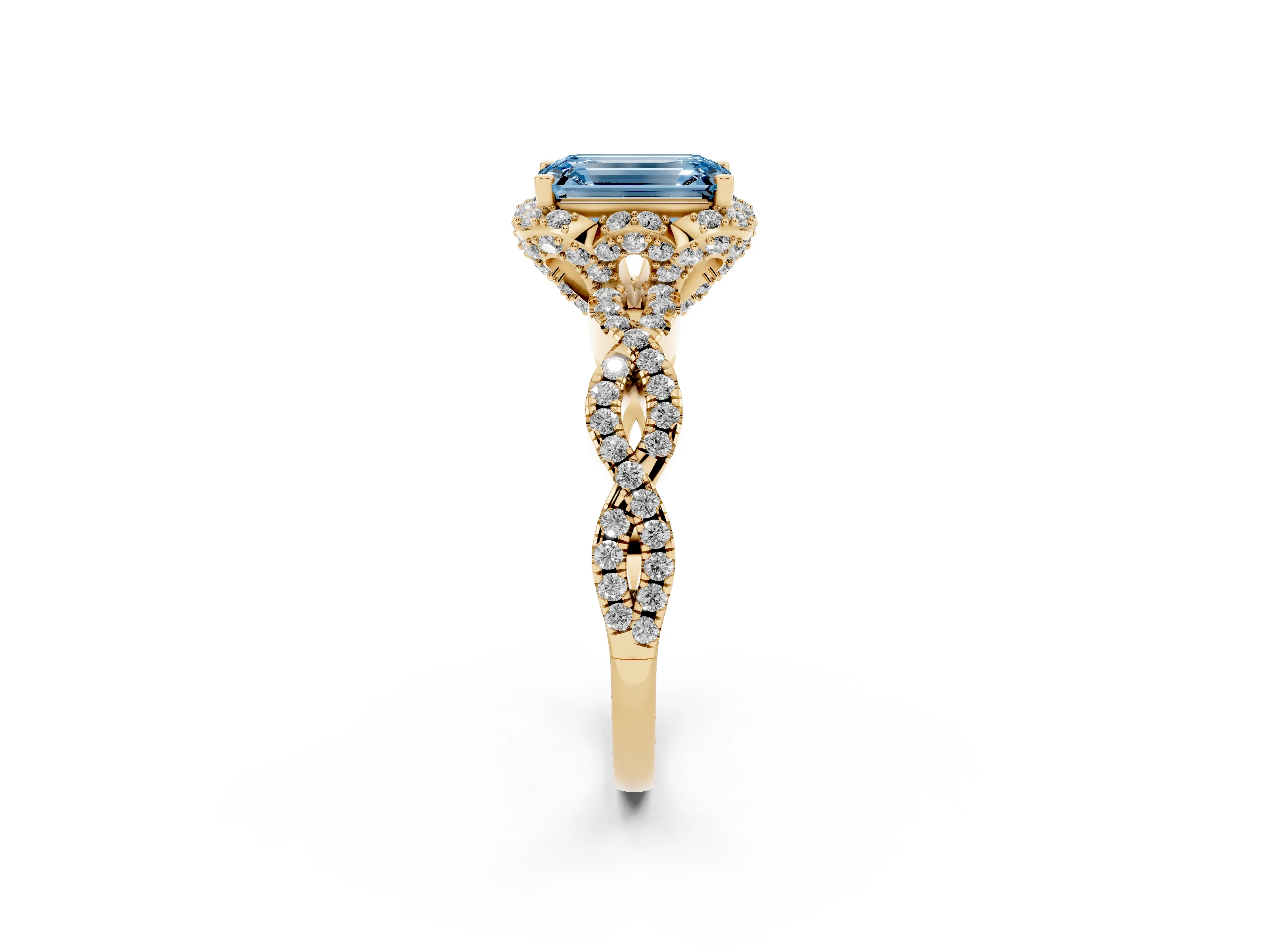 Fancy Blue Emerald Cut Diamond Halo Twist Band Solitaire Ring Set in Yellow gold with Prong-Set Center Stone