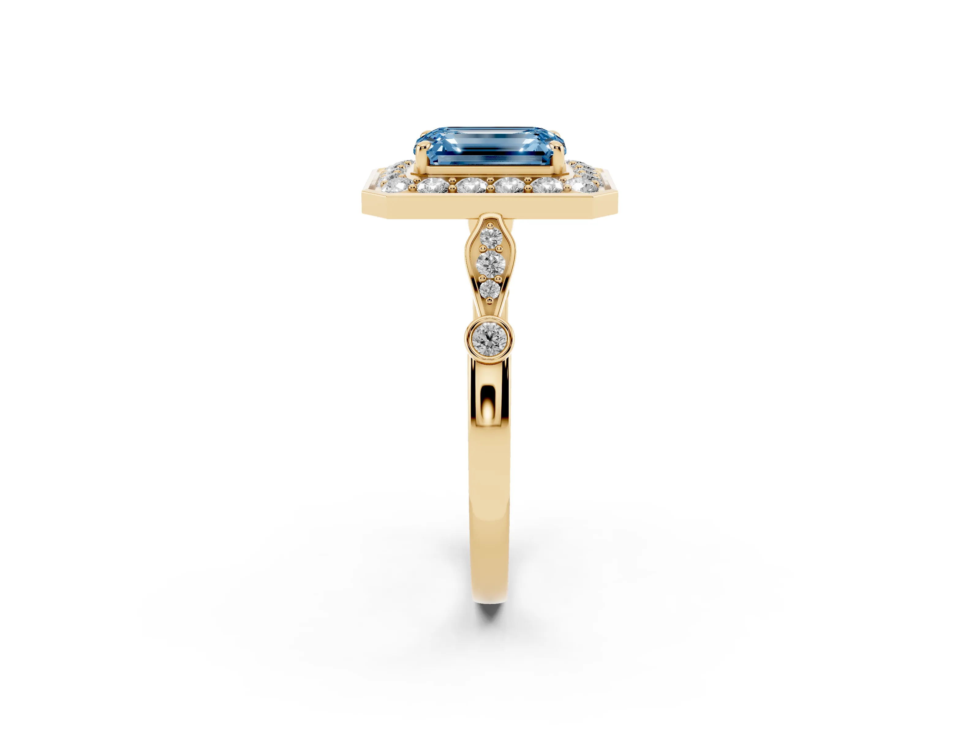Fancy Blue Emerald Cut Diamond Halo Engagement Ring Set in Yellow gold with Twisted Band and Prong Setting