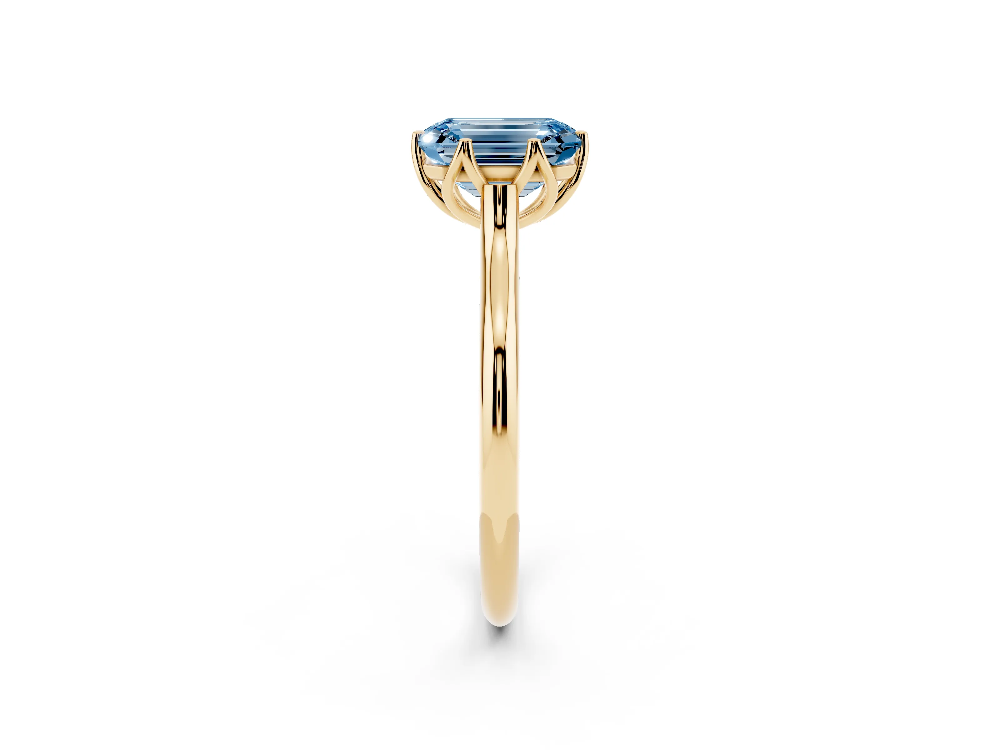 Fancy Blue Emerald Cut Diamond Solitaire Cathedral Ring Set in Yellow gold with Prong Setting