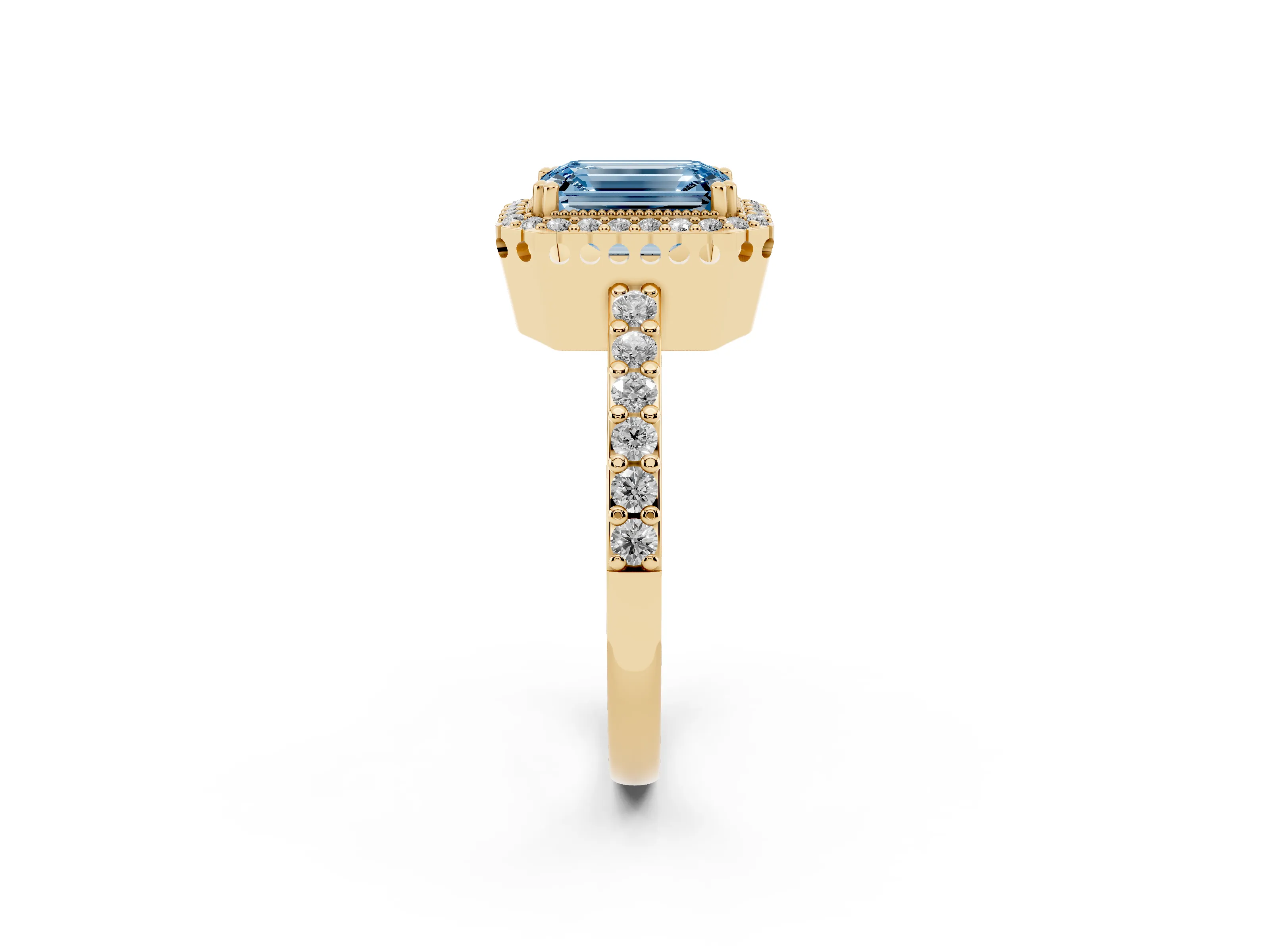Fancy Blue Emerald Cut Diamond Halo Engagement Ring Set in Yellow gold with Milgrain Detail and Pavé Band