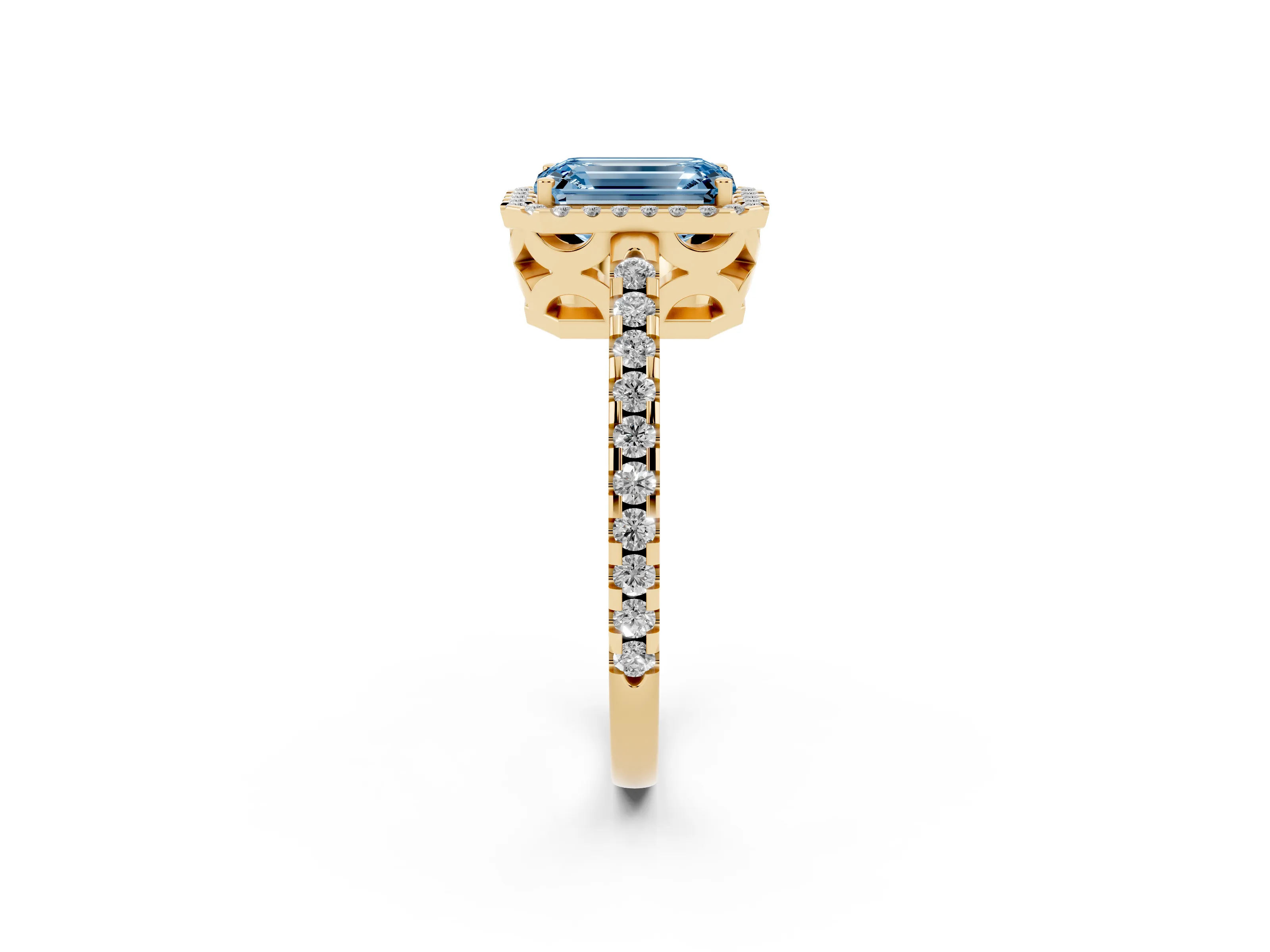 Fancy Blue Emerald Cut Diamond Halo Ring Set in Yellow gold with Pavé Shoulders and Halo-Framed Center