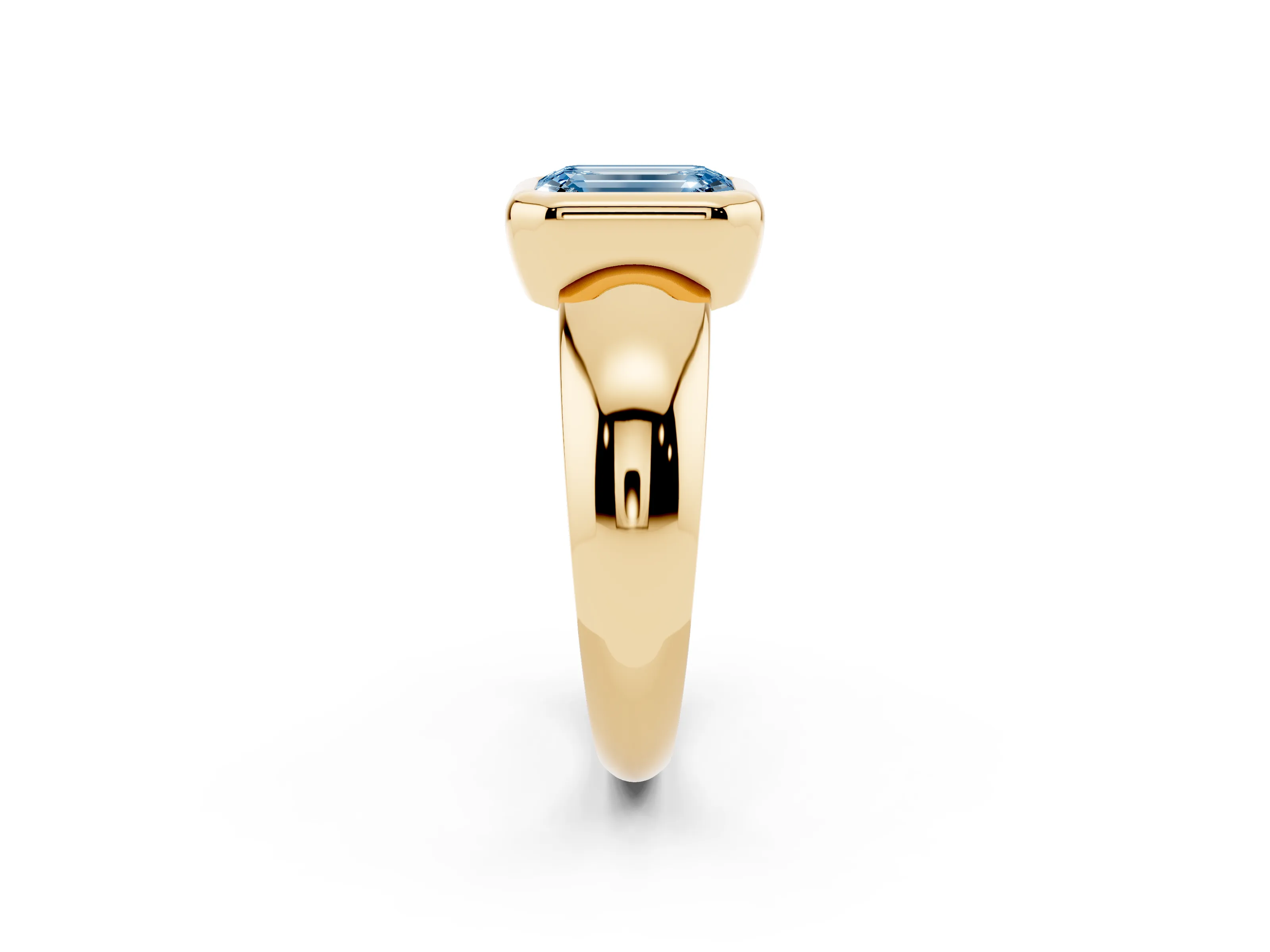 Fancy Blue Bezel Set Emerald Cut Diamond Solitaire Ring Set in Yellow gold with Wide Band