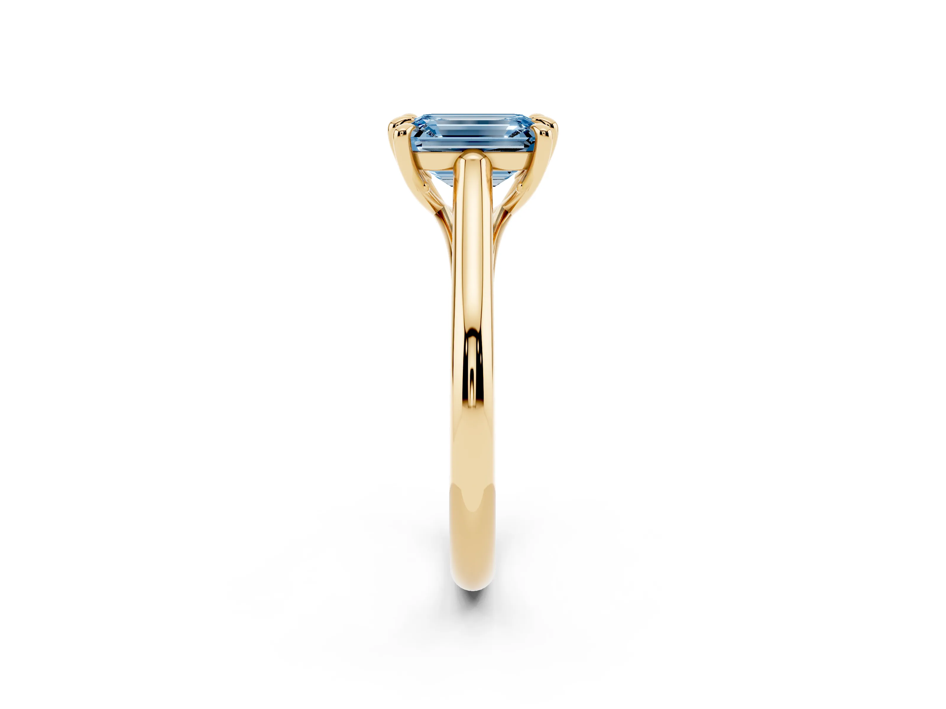 Fancy Blue Emerald Cut Diamond Solitaire Engagement Ring Set in Yellow gold with Prong Setting and Plain Classic Band
