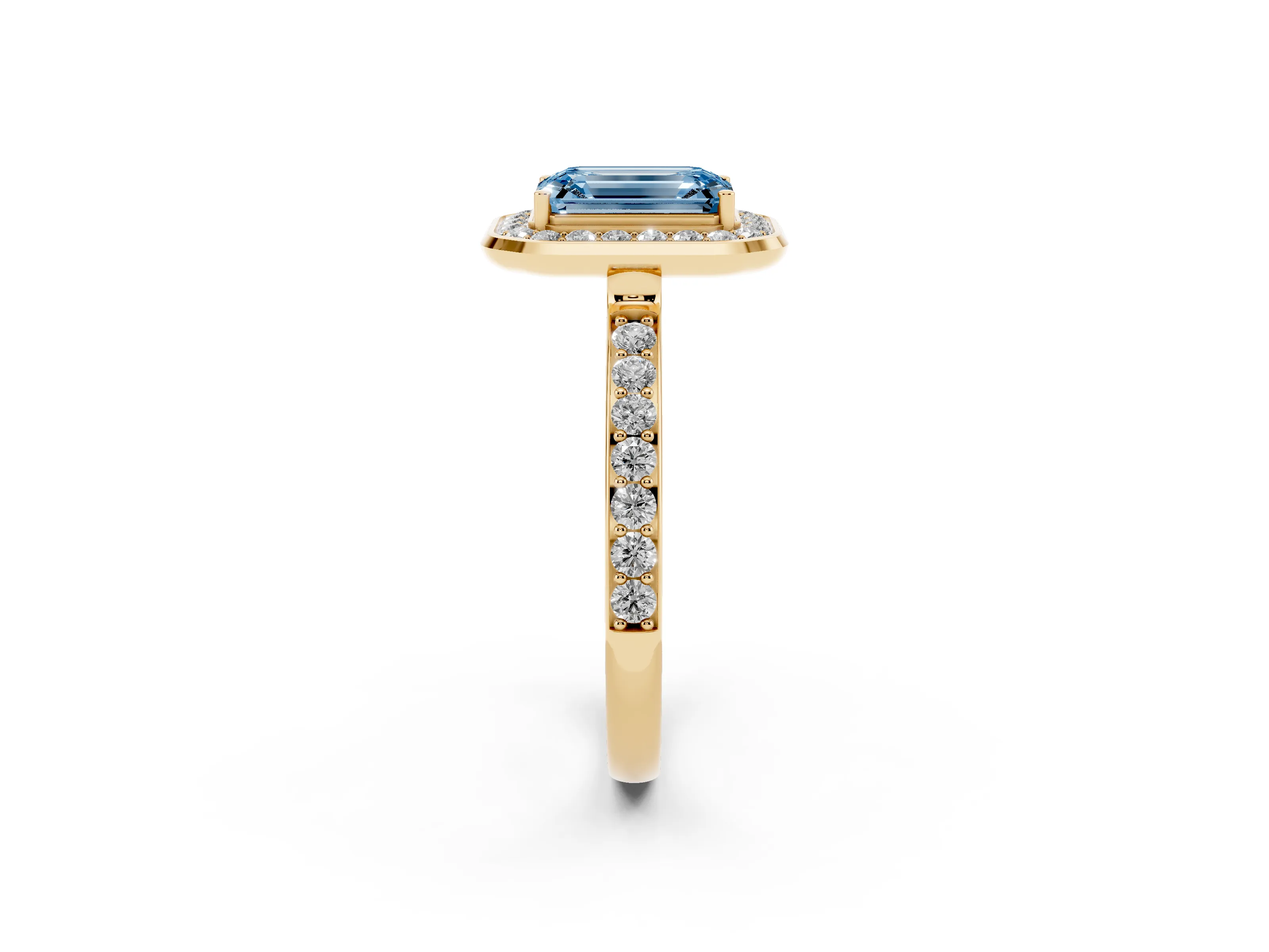Fancy Blue Emerald Cut Diamond Halo Ring Set in Yellow gold with Bezel Frame and Pavé Band