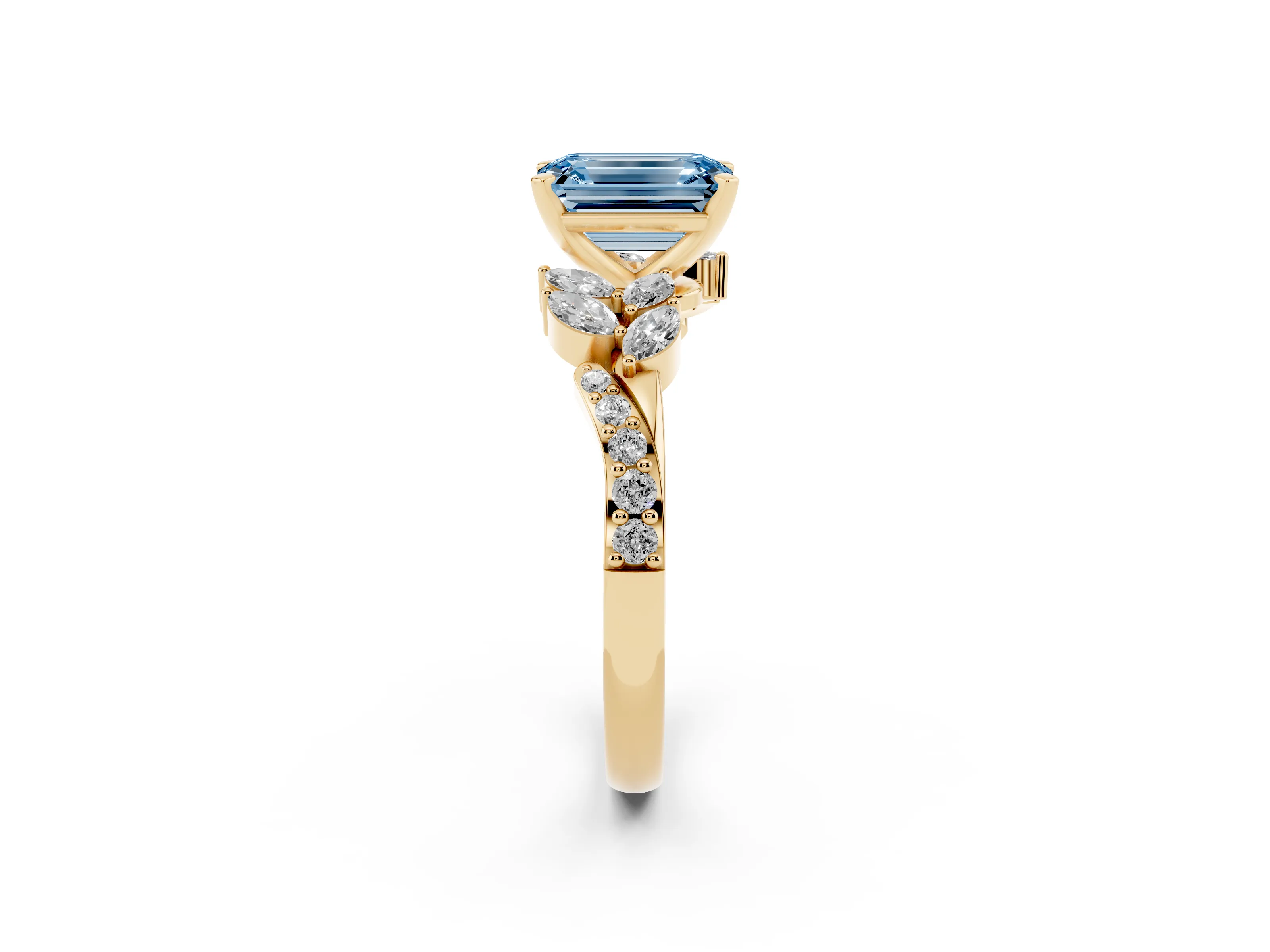 Fancy Blue Emerald Cut Diamond Solitaire Ring Set in Yellow gold with Marquise Twist Band and Prong Setting