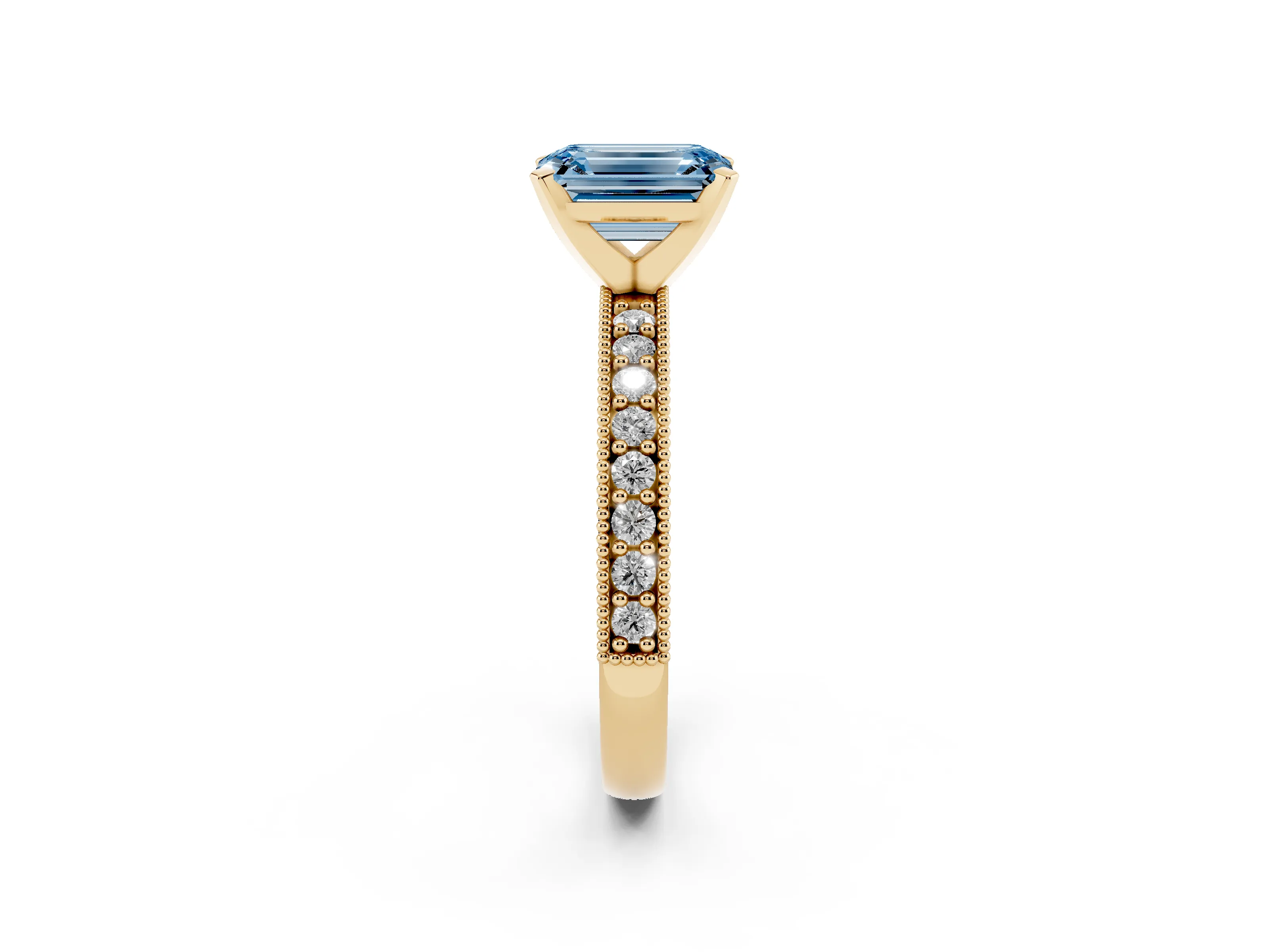 Fancy Blue Emerald Cut Diamond Milgrain Pavé Engagement Ring Set in Yellow gold with Prong Setting