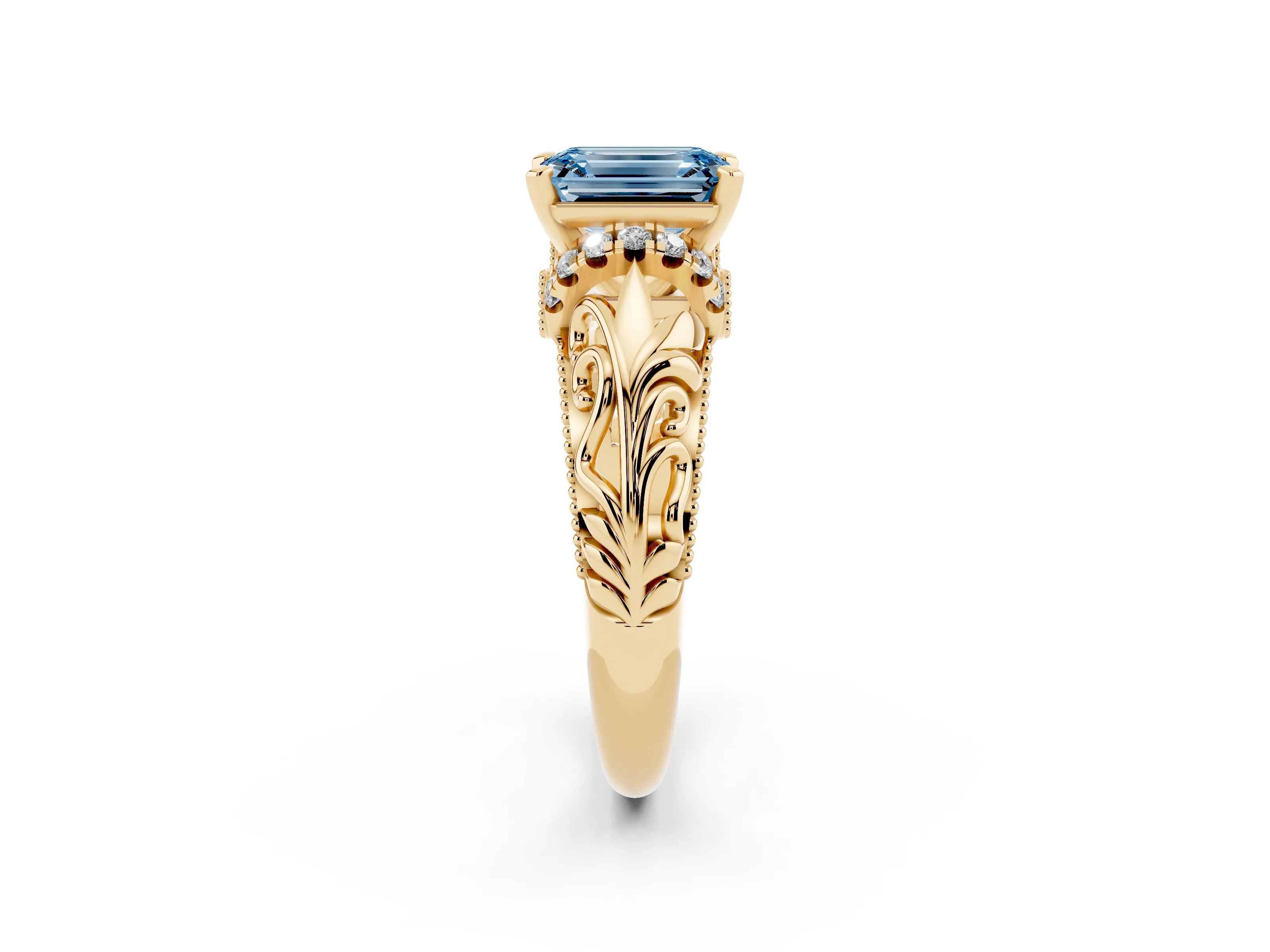 Fancy Blue Emerald Cut Diamond Filigree Halo Engagement Ring Set in Yellow gold with Prong Setting