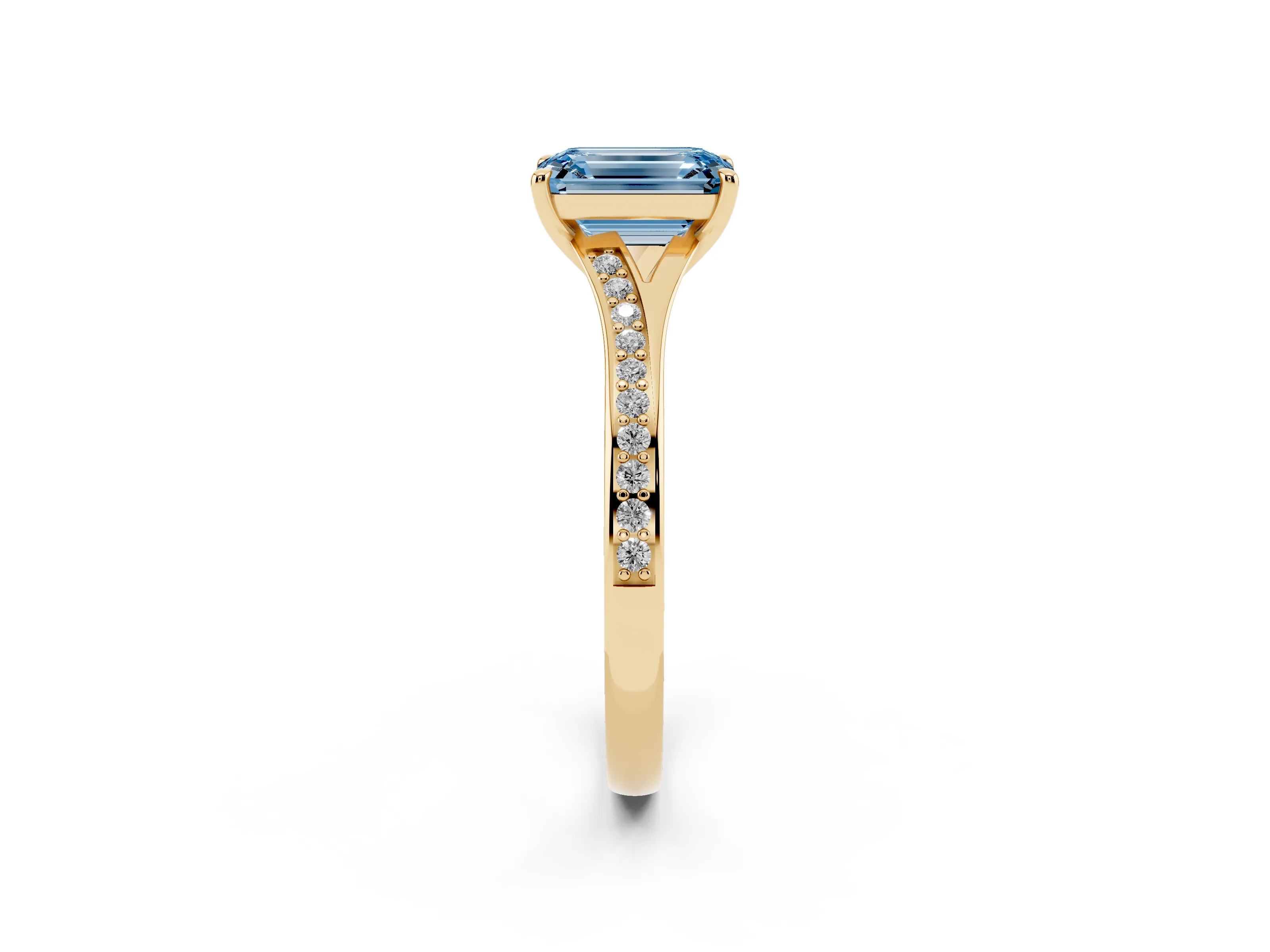 Fancy Blue Emerald Cut Diamond Solitaire Ring Set in Yellow gold with Pavé Accent Band and Classic Prong Setting
