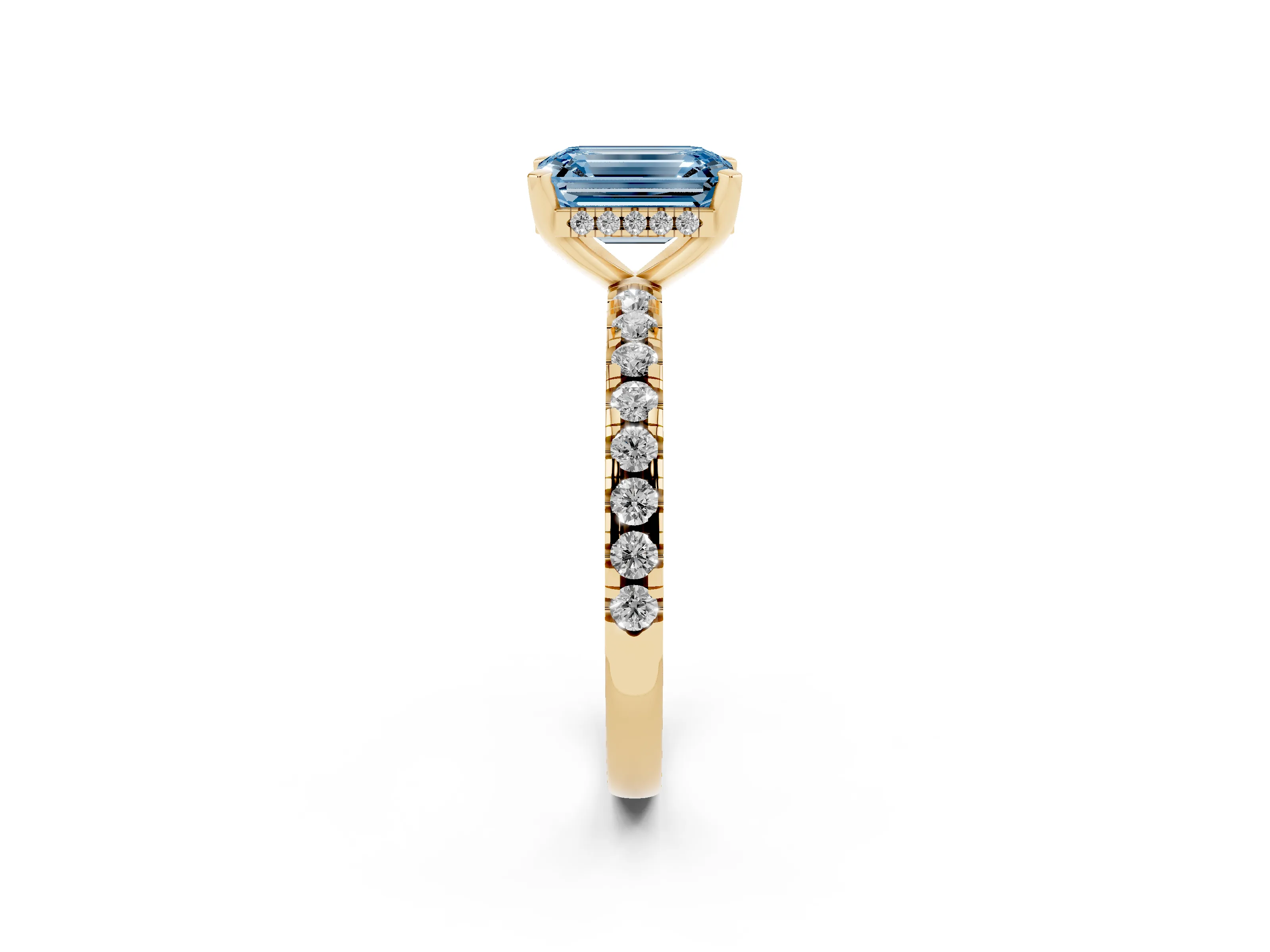 Fancy Blue Emerald Cut Diamond Pavé Solitaire Ring Set in Yellow gold with Round Band Accents and Prong Setting