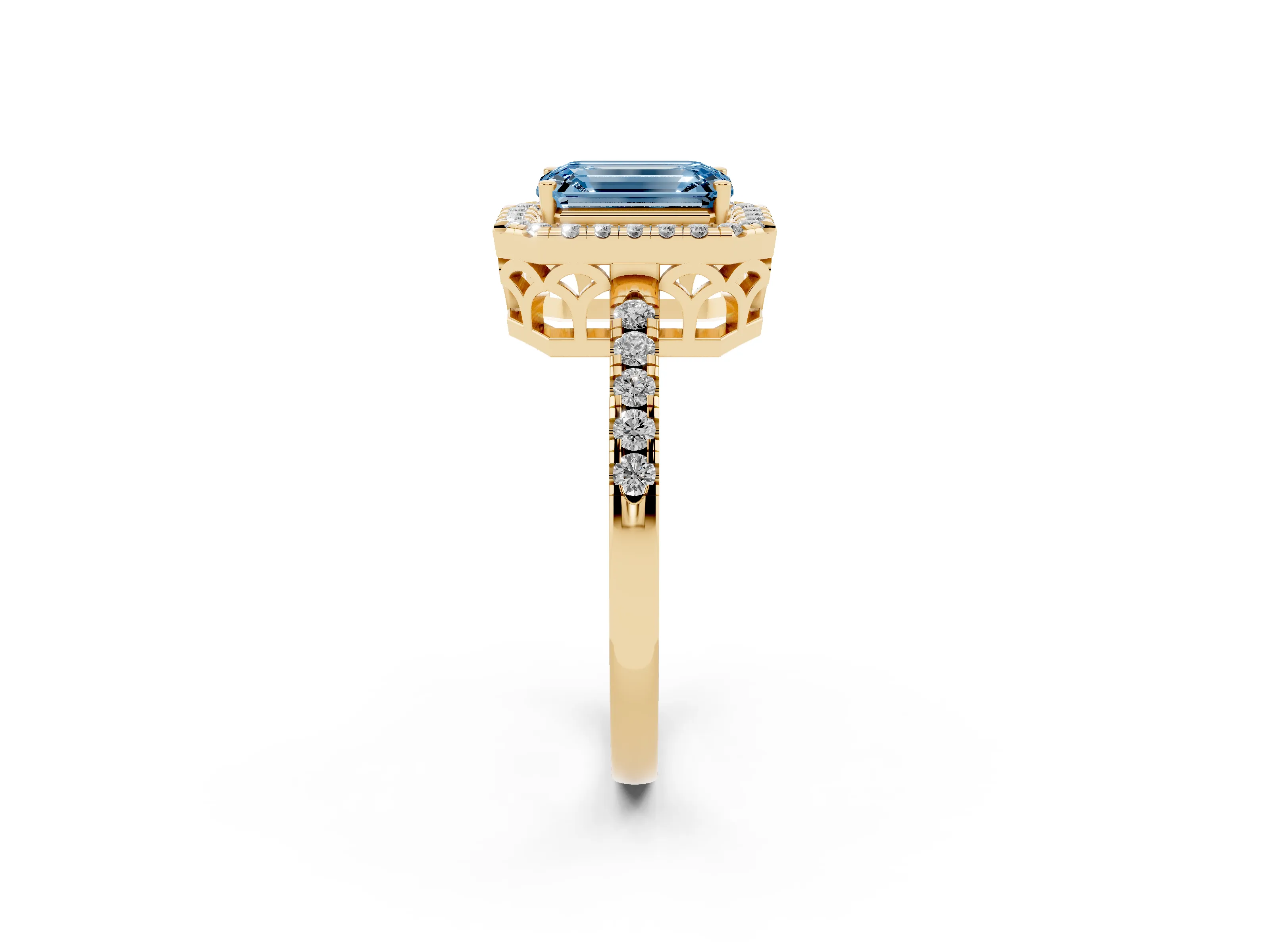 Fancy Blue Emerald Cut Diamond Pavé Band Halo Engagement Ring Set in Yellow gold with Prong Setting