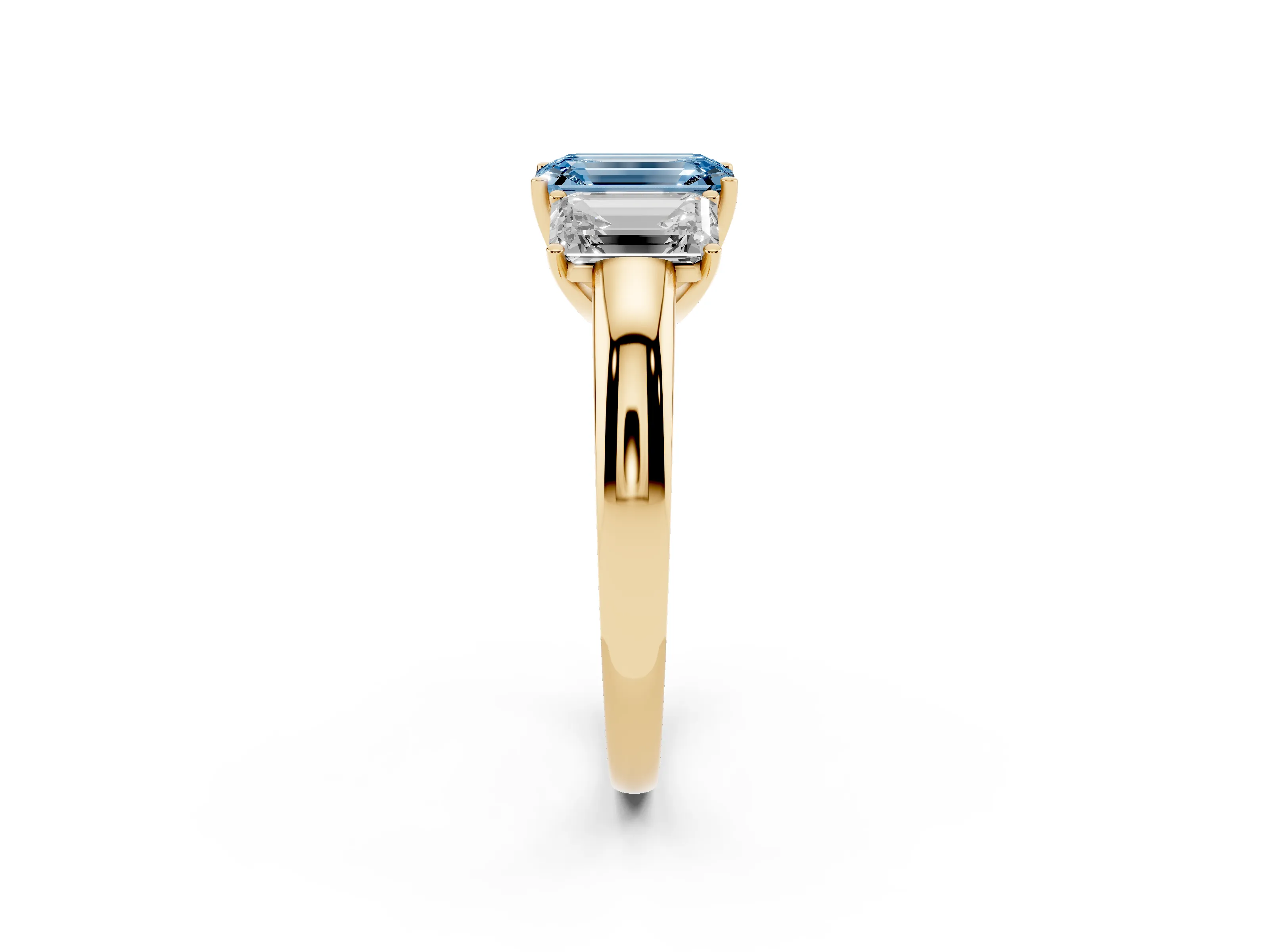 Fancy Blue Emerald Cut Diamond Three-Stone Ring Set in Yellow gold with Bold Center and Classic Band