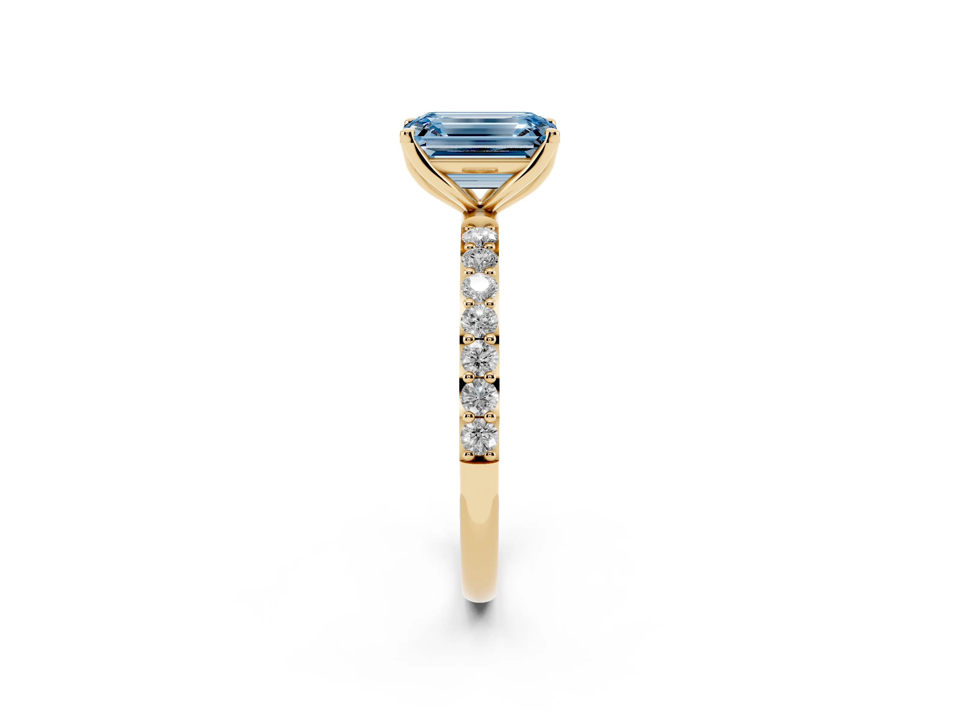 Fancy Blue Emerald Cut Diamond Solitaire Engagement Ring Set in Yellow gold with Round Pavé Band and Prong Setting