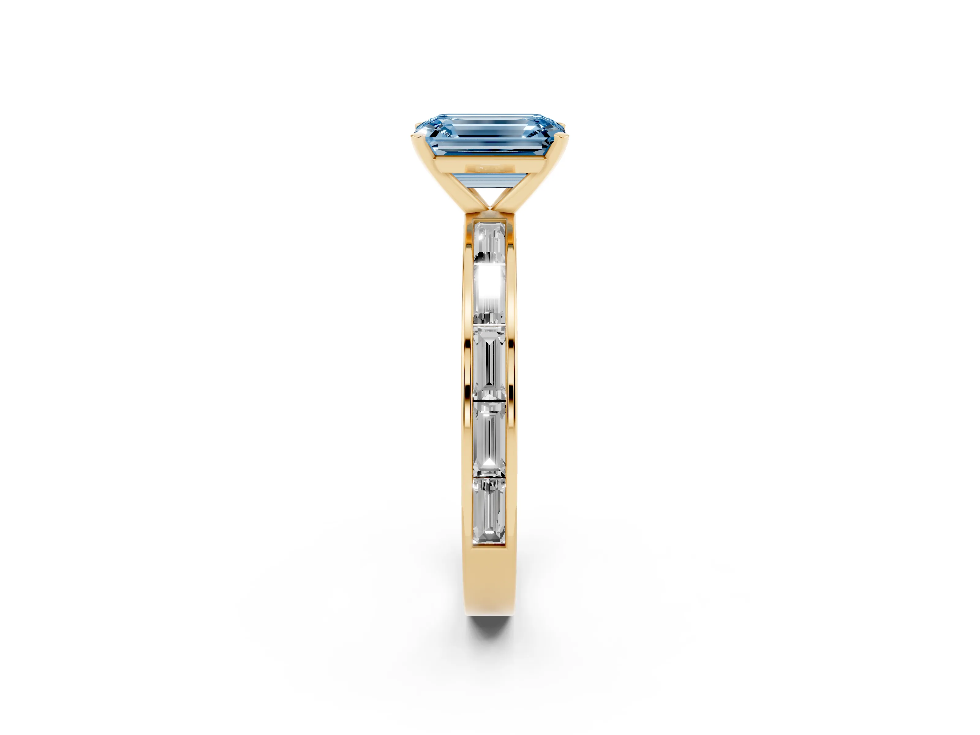 Fancy Blue Emerald Cut Diamond Solitaire Ring Set in Yellow gold with Channel-Set Baguette Band and Prong Setting