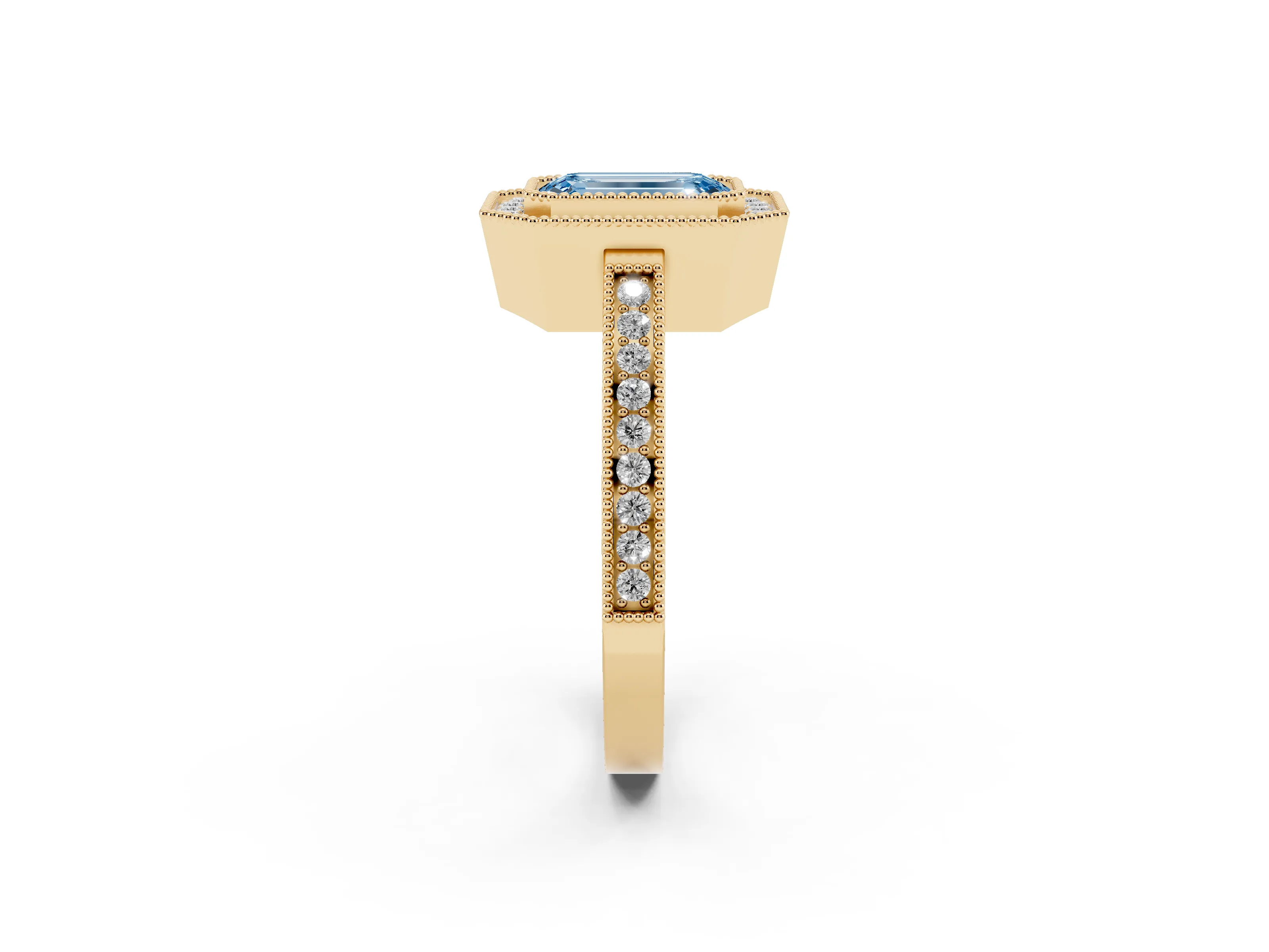 Fancy Blue Emerald Cut Diamond Halo Ring Set in Yellow gold with Pavé Band and Milgrain-Edged Prongs